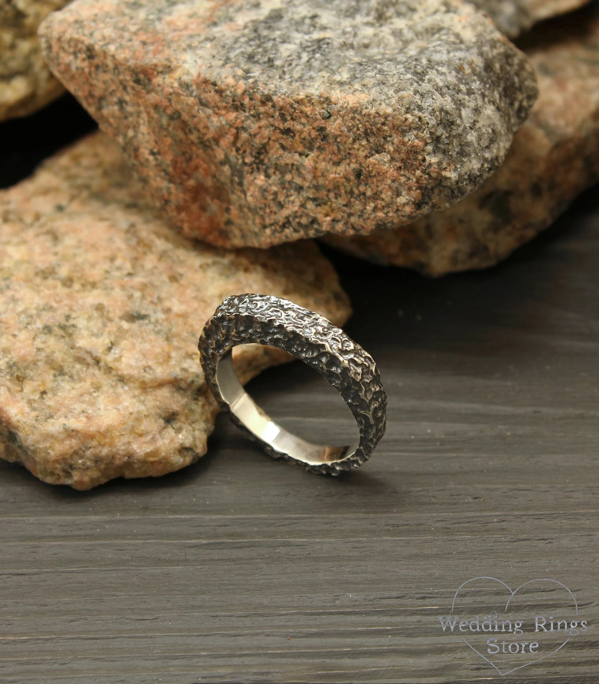 Unusual Form Sterling Silver Hammered Wedding Ring