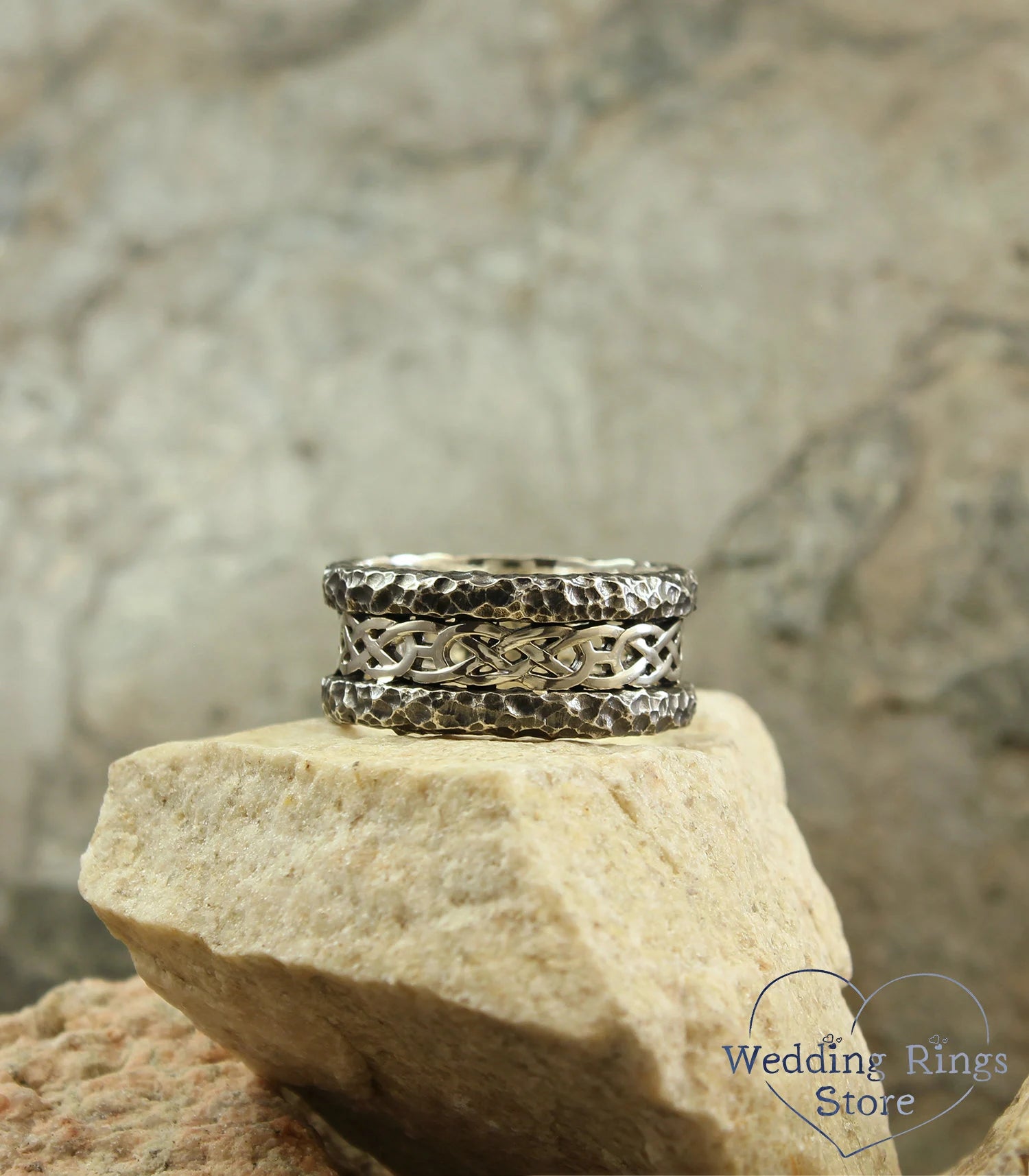 Unique Silver Celtic Wedding Band with Hammered Edges