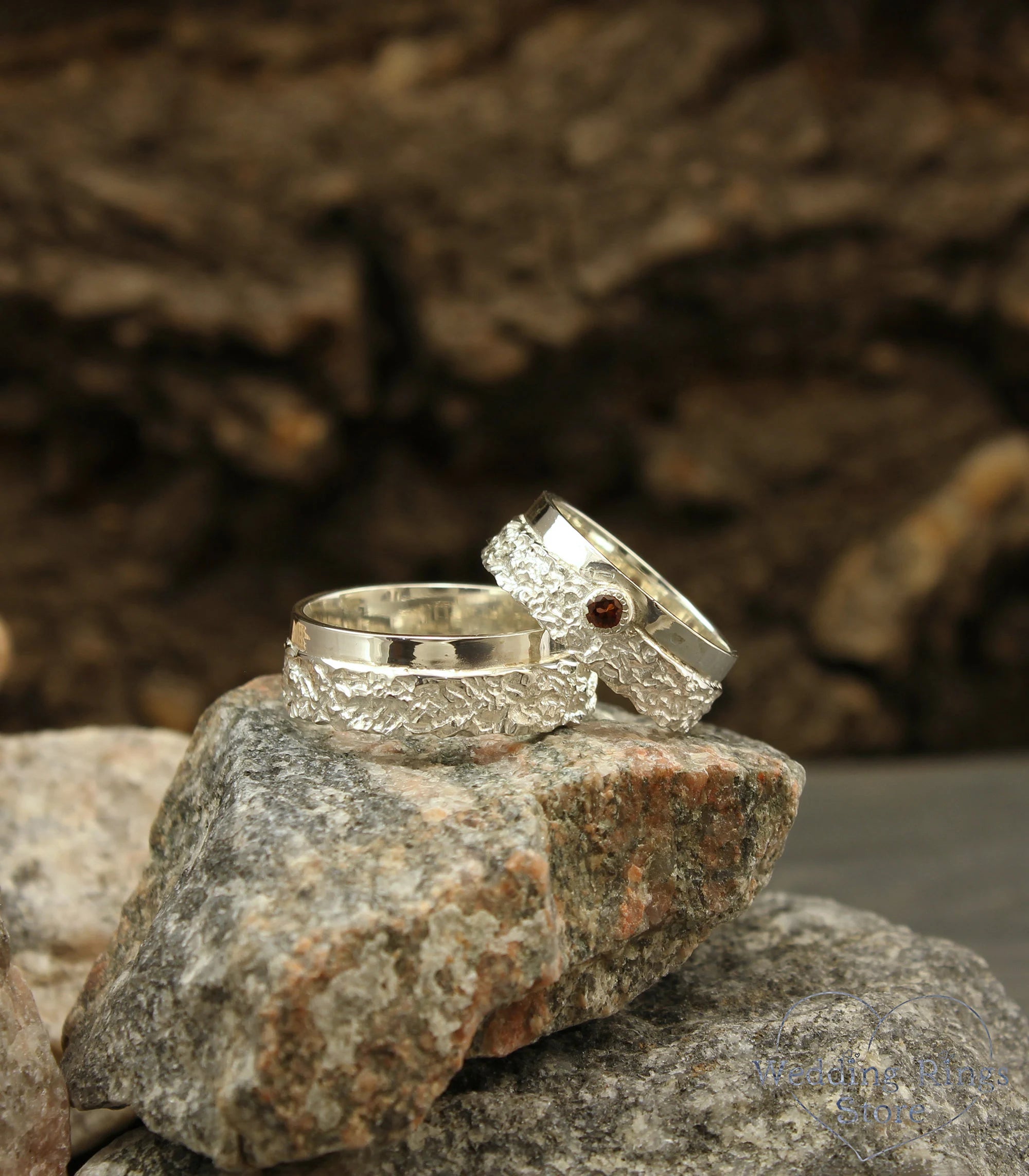 Two Textured Matching Hammered Wedding Bands with Garnet