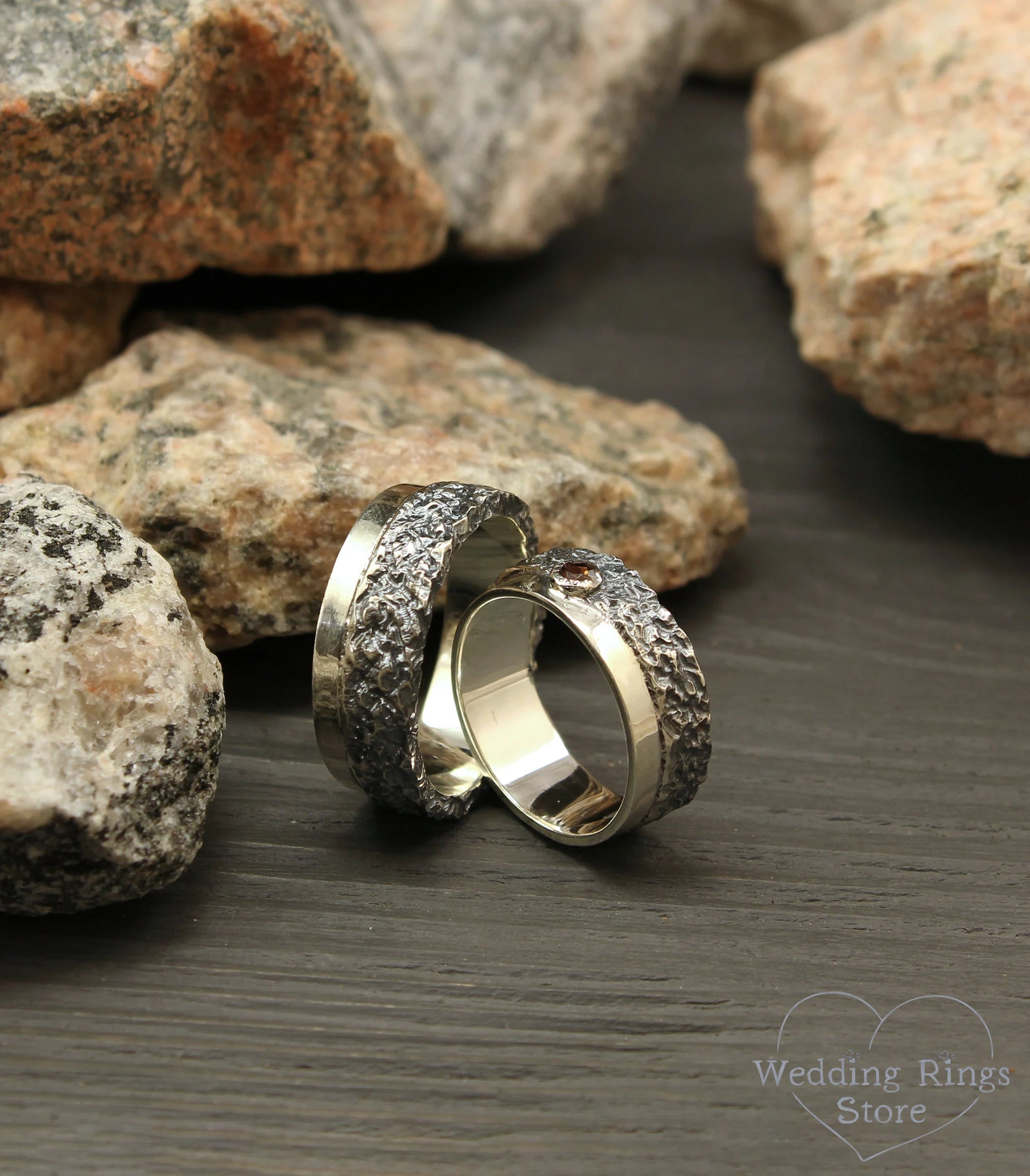 Two Textured Matching Hammered Wedding Bands with Garnet