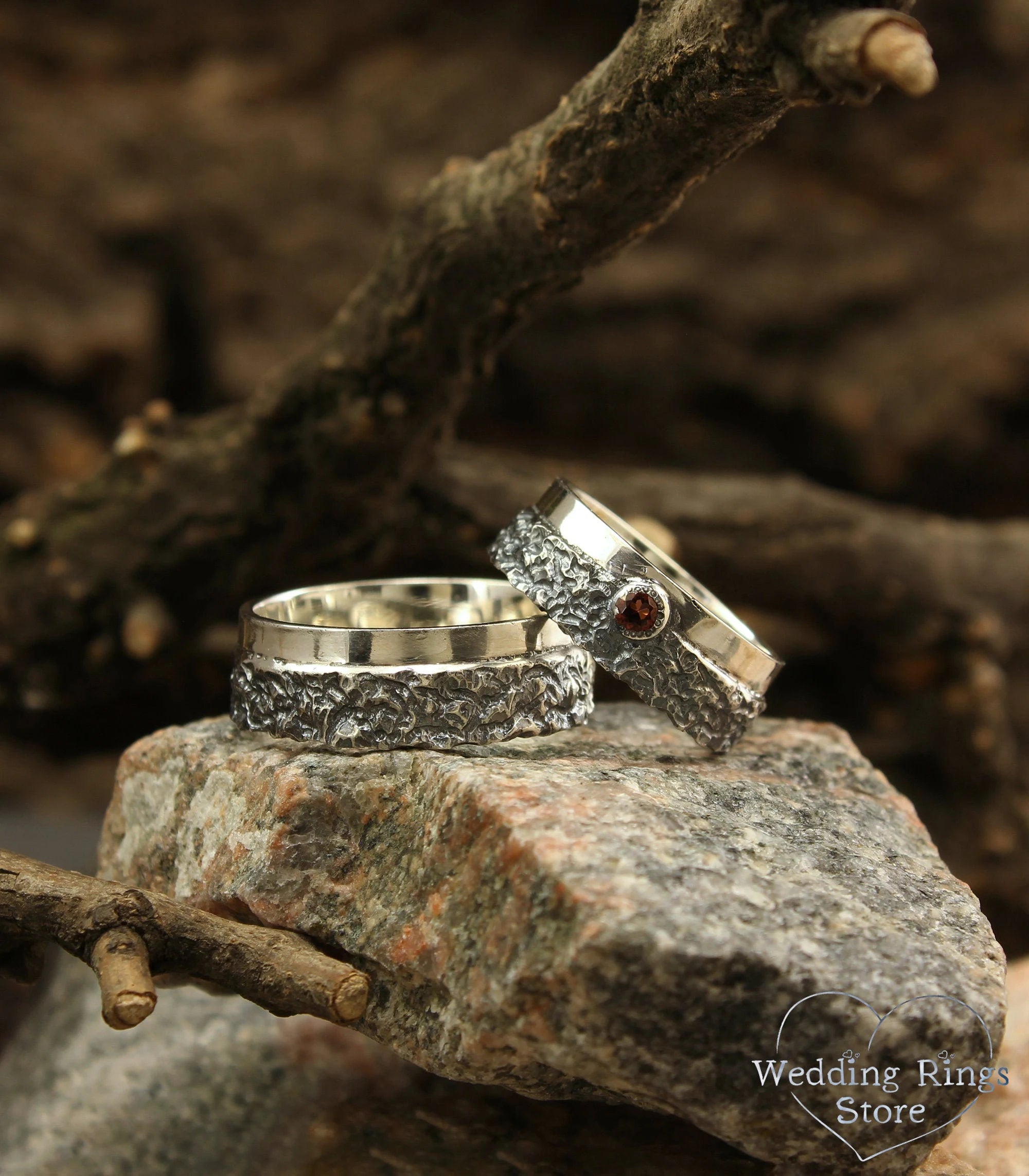 Two Textured Matching Hammered Wedding Bands with Garnet