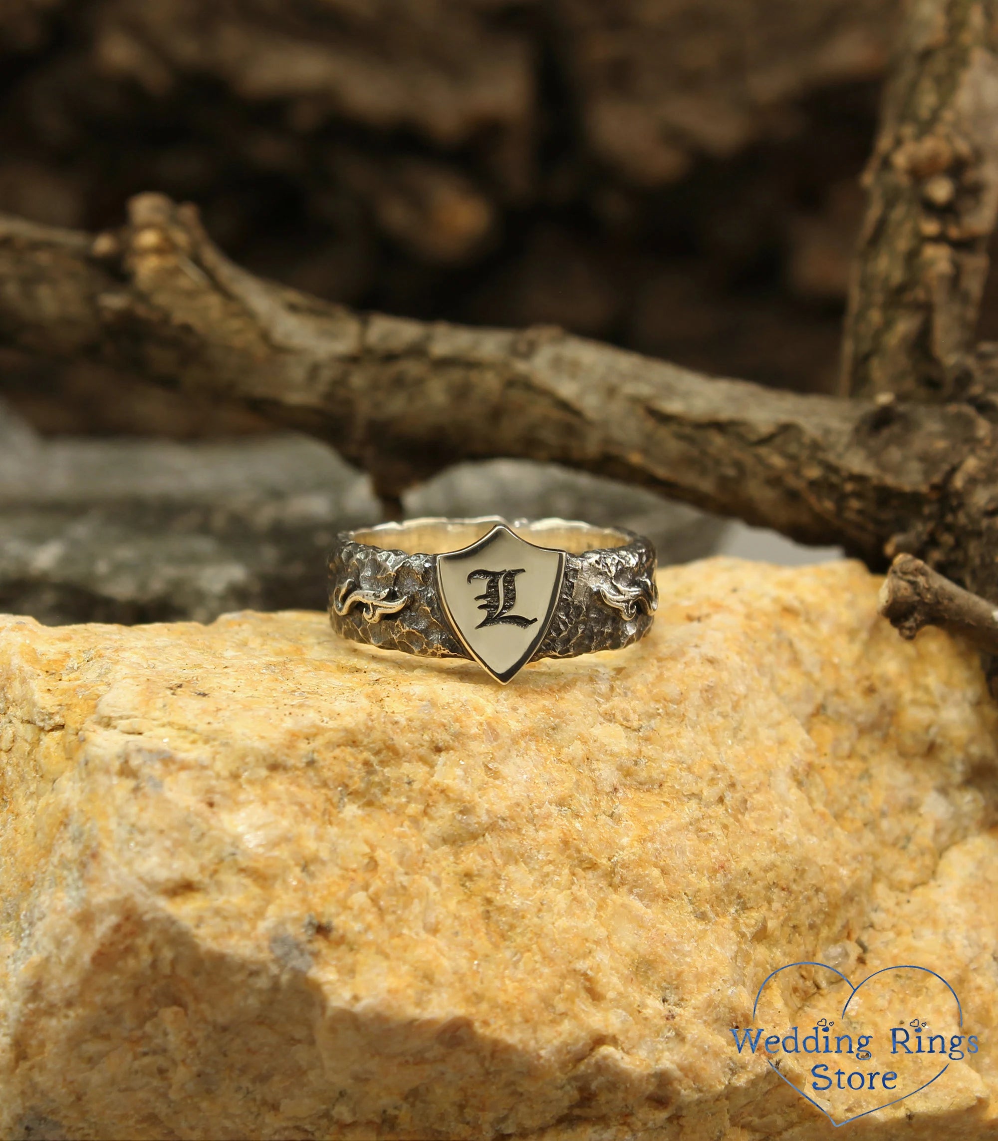 Personalized Shield Men's Ring — Knight Sterling Silver Band