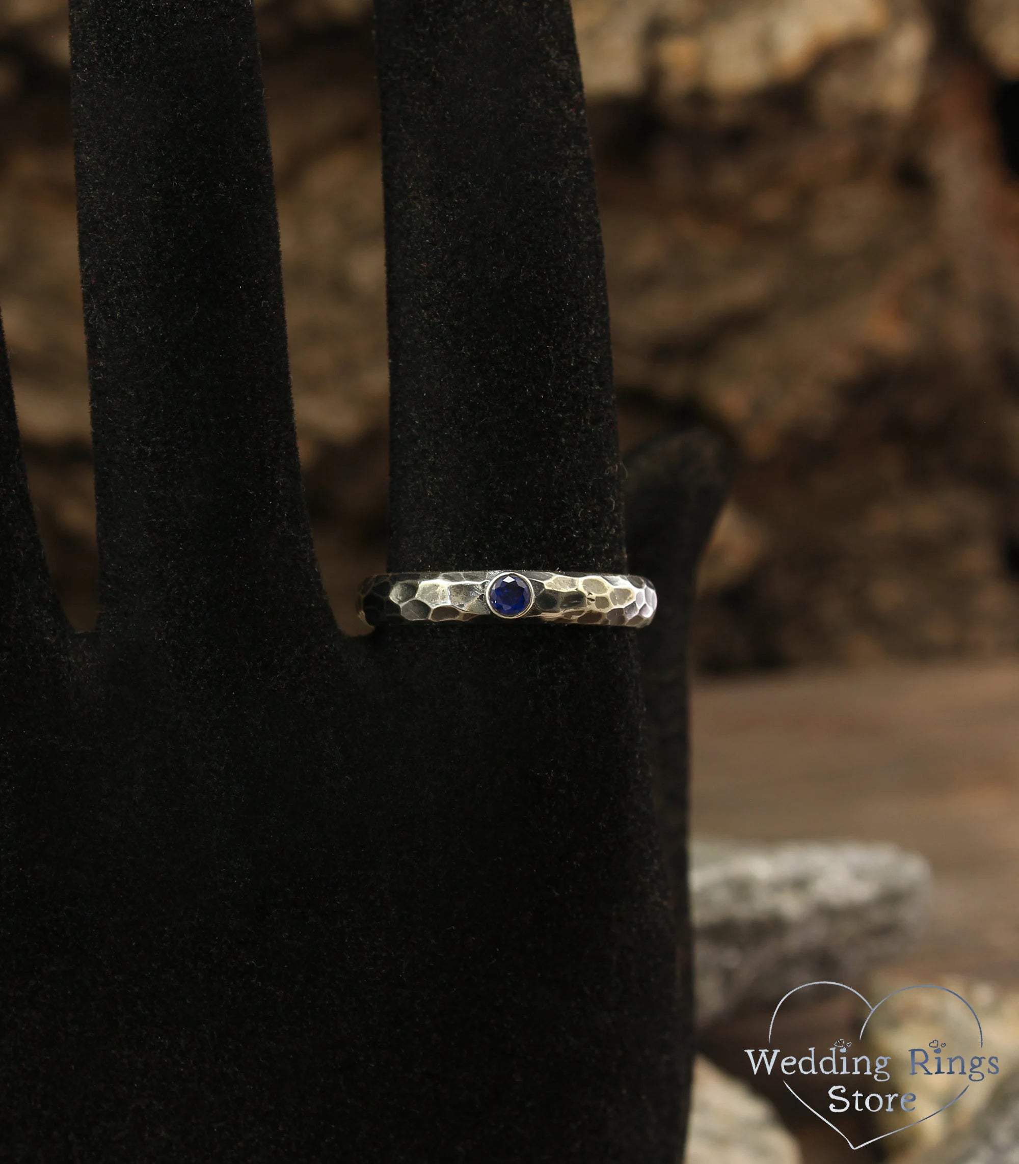 Hammered Sterling Silver Wedding Bands Set with Sapphire