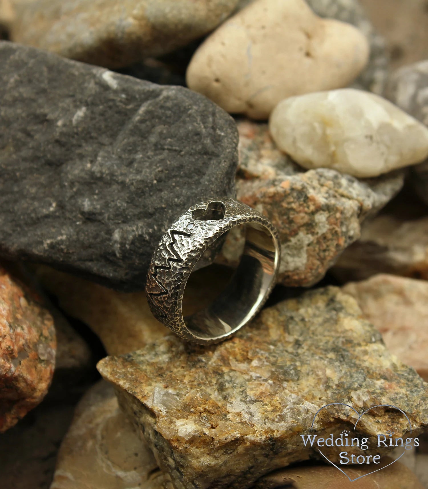 Open Heart Unique Silver Heartbeat Wedding Band