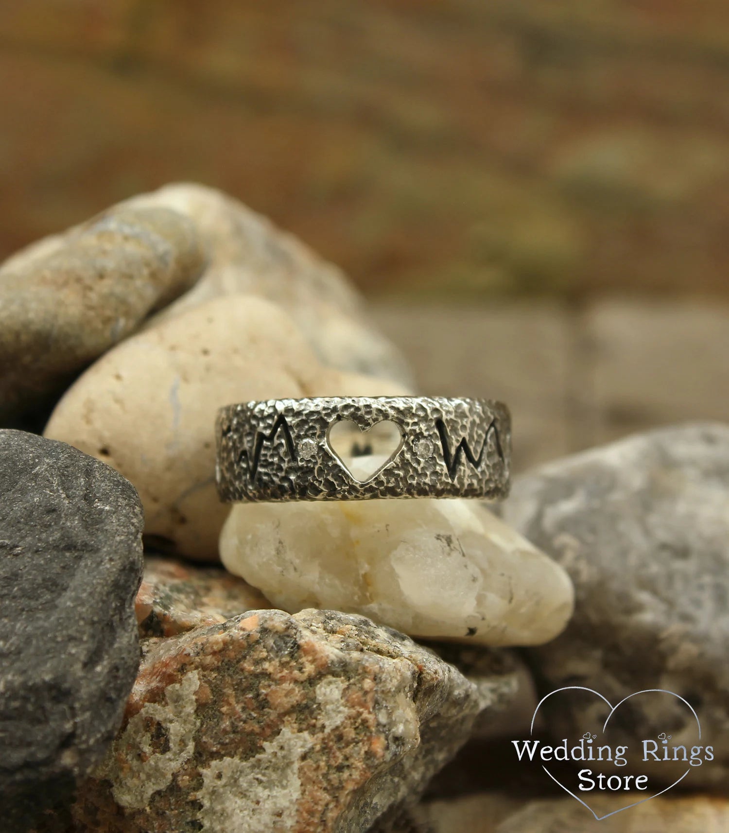 Open Heart Unique Silver Heartbeat Wedding Band