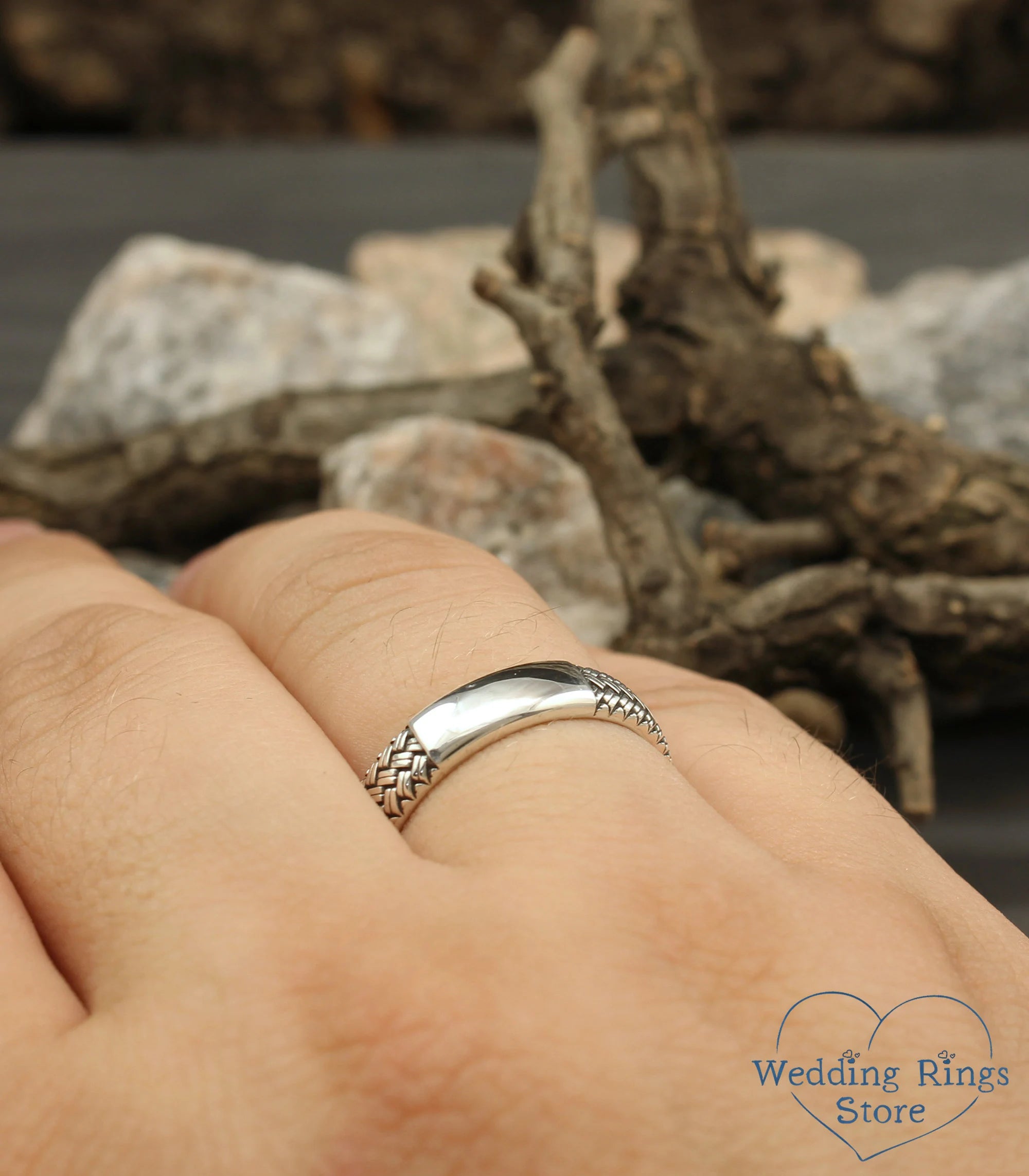 Plain Classic Sterling Silver Wedding Band with a Knit