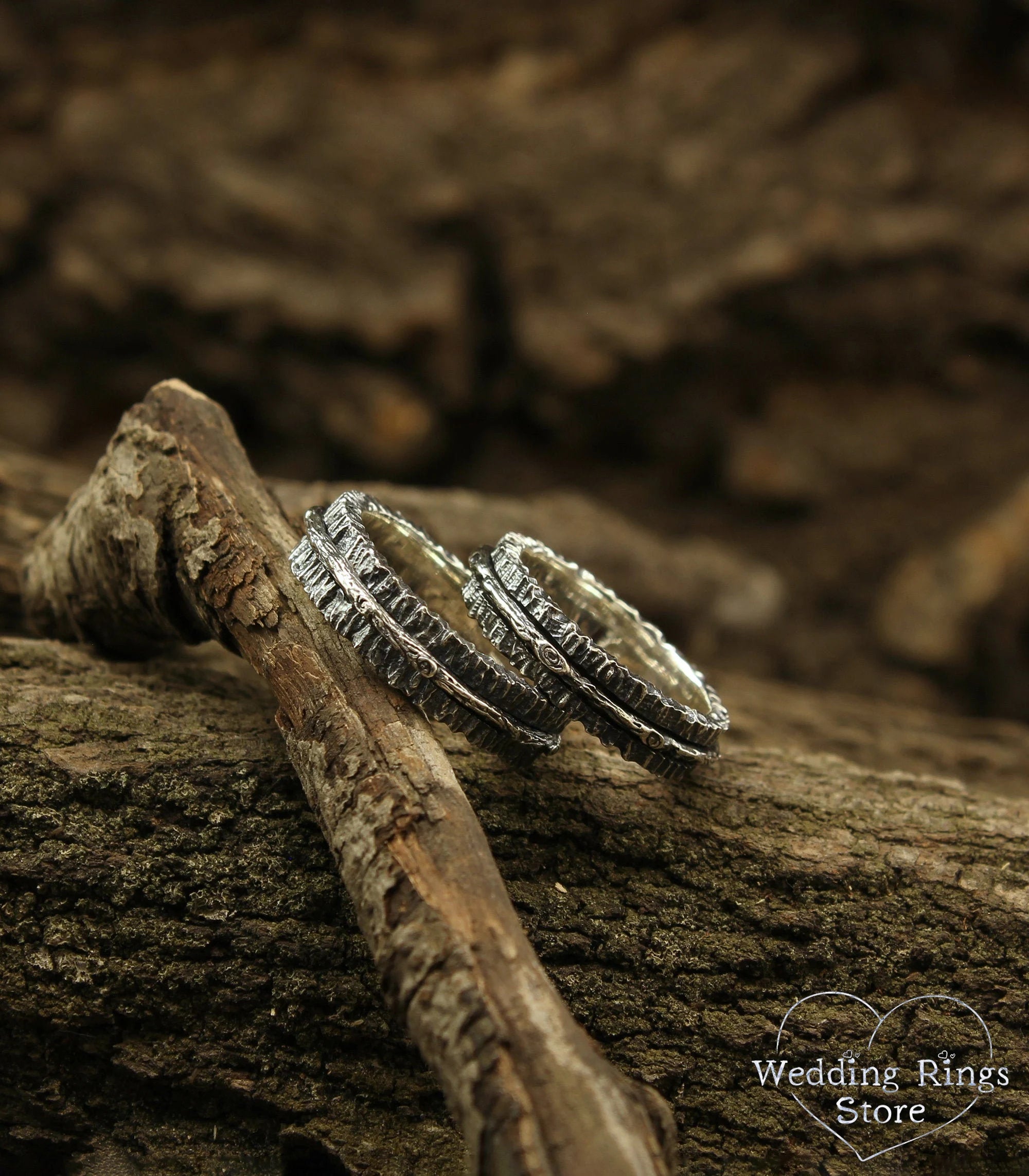 Unique Rustic Tree bark Wedding Rings Set