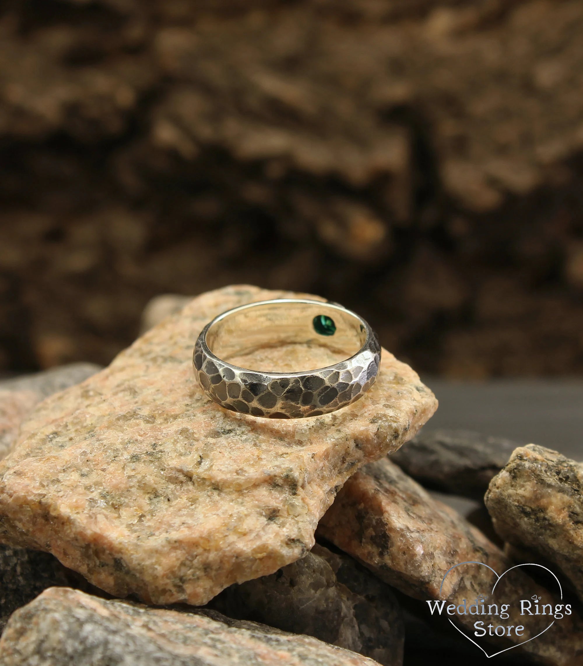 Brutalist Men's Hammered Engagement Ring with Emerald