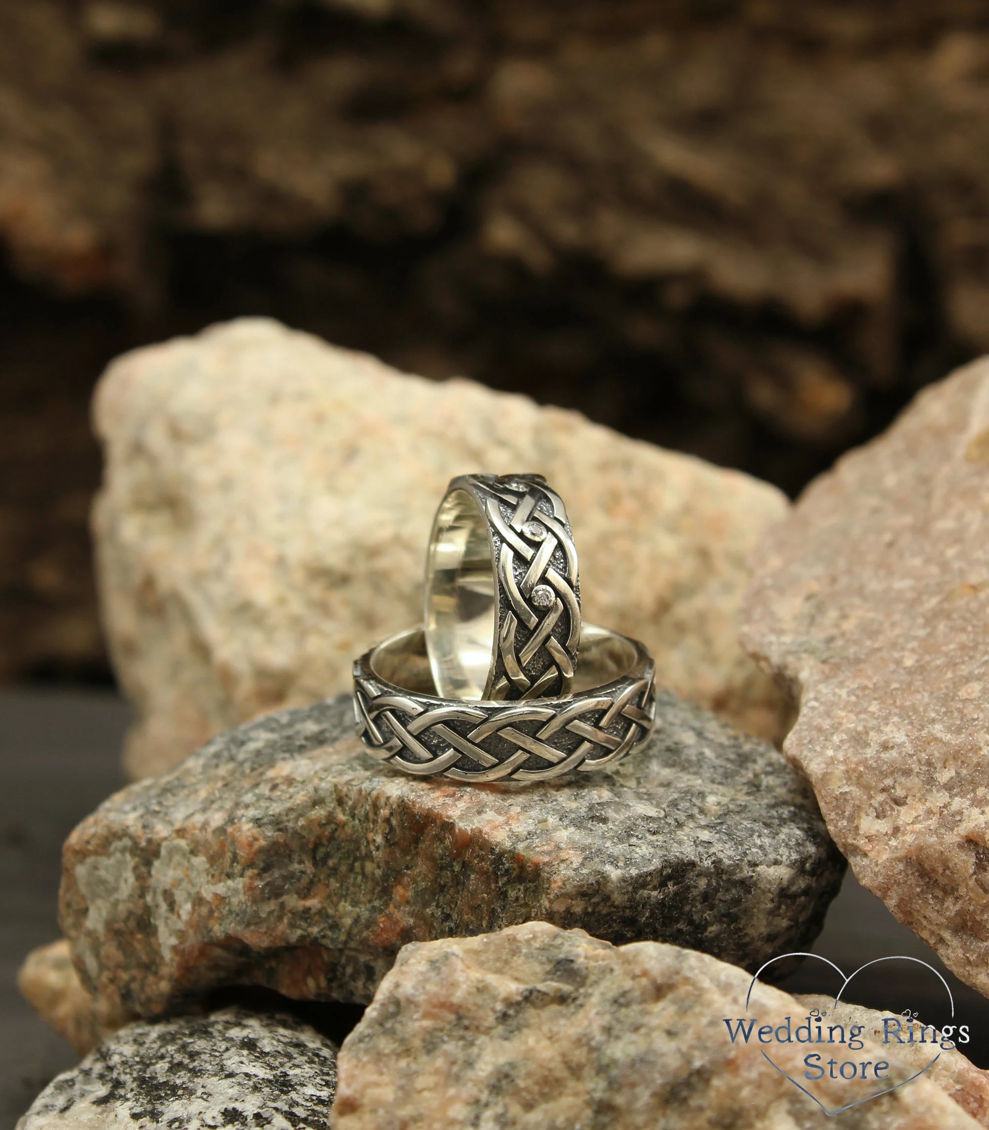 Celtic Knot Wedding Bands Set His & Hers with Diamonds