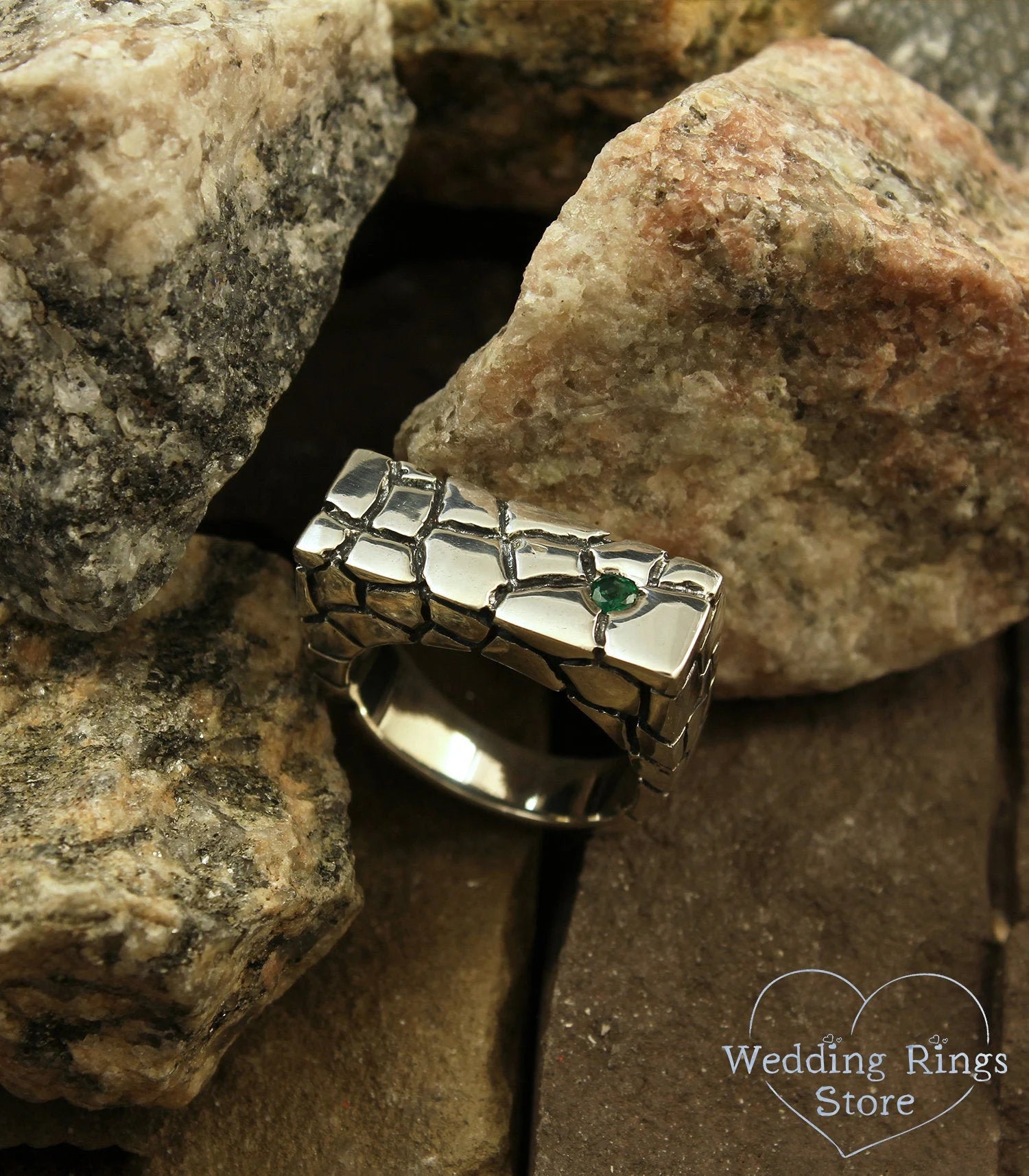 Cracked Flat Top Statement Ring with Natural Emerald