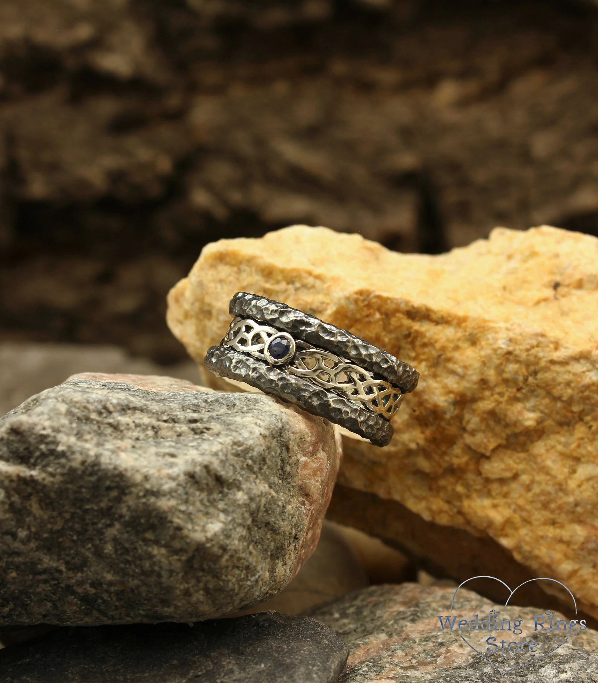 Wide Hammered Silver Celtic Wedding Band with Sapphire