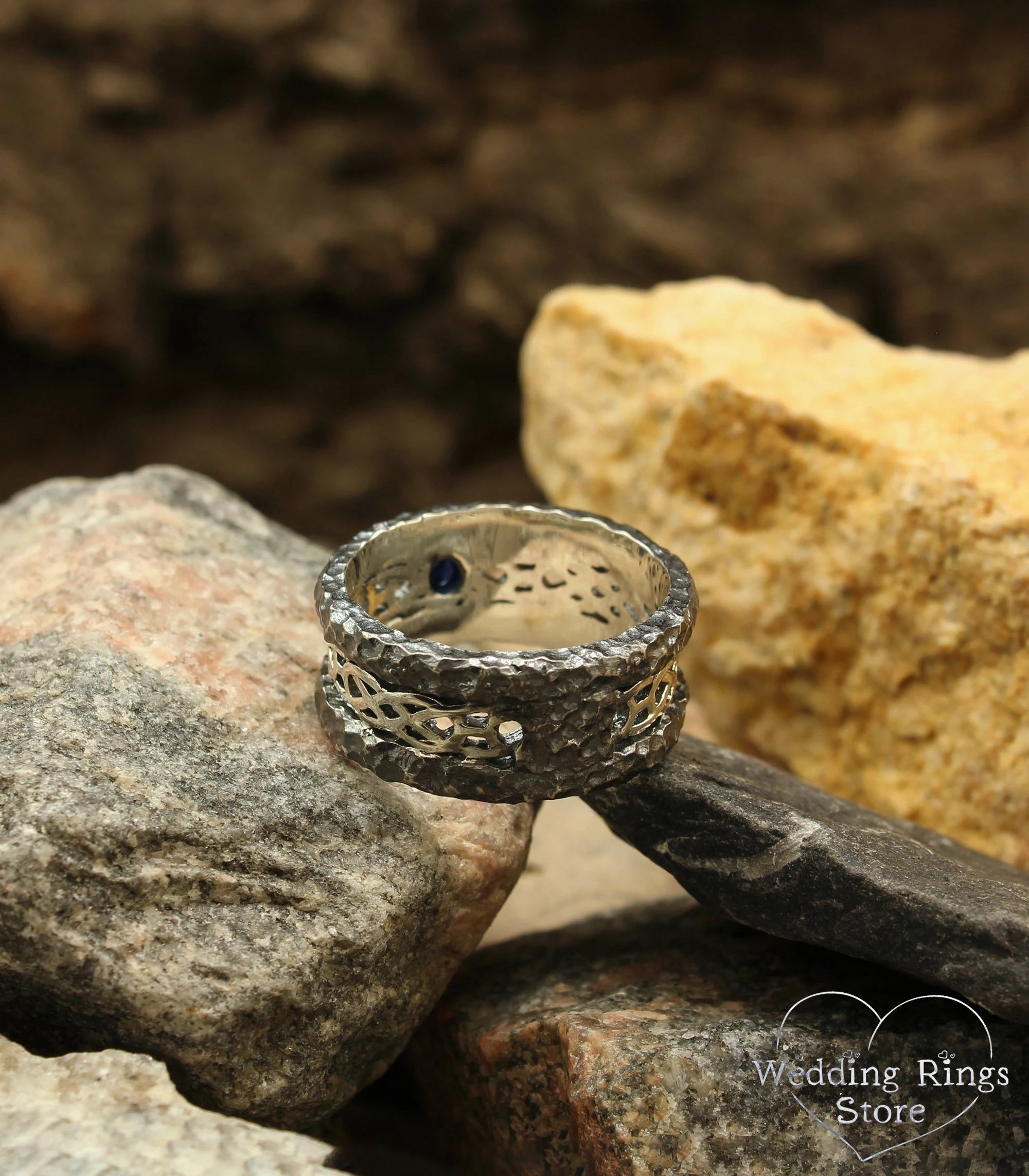 Wide Hammered Silver Celtic Wedding Band with Sapphire