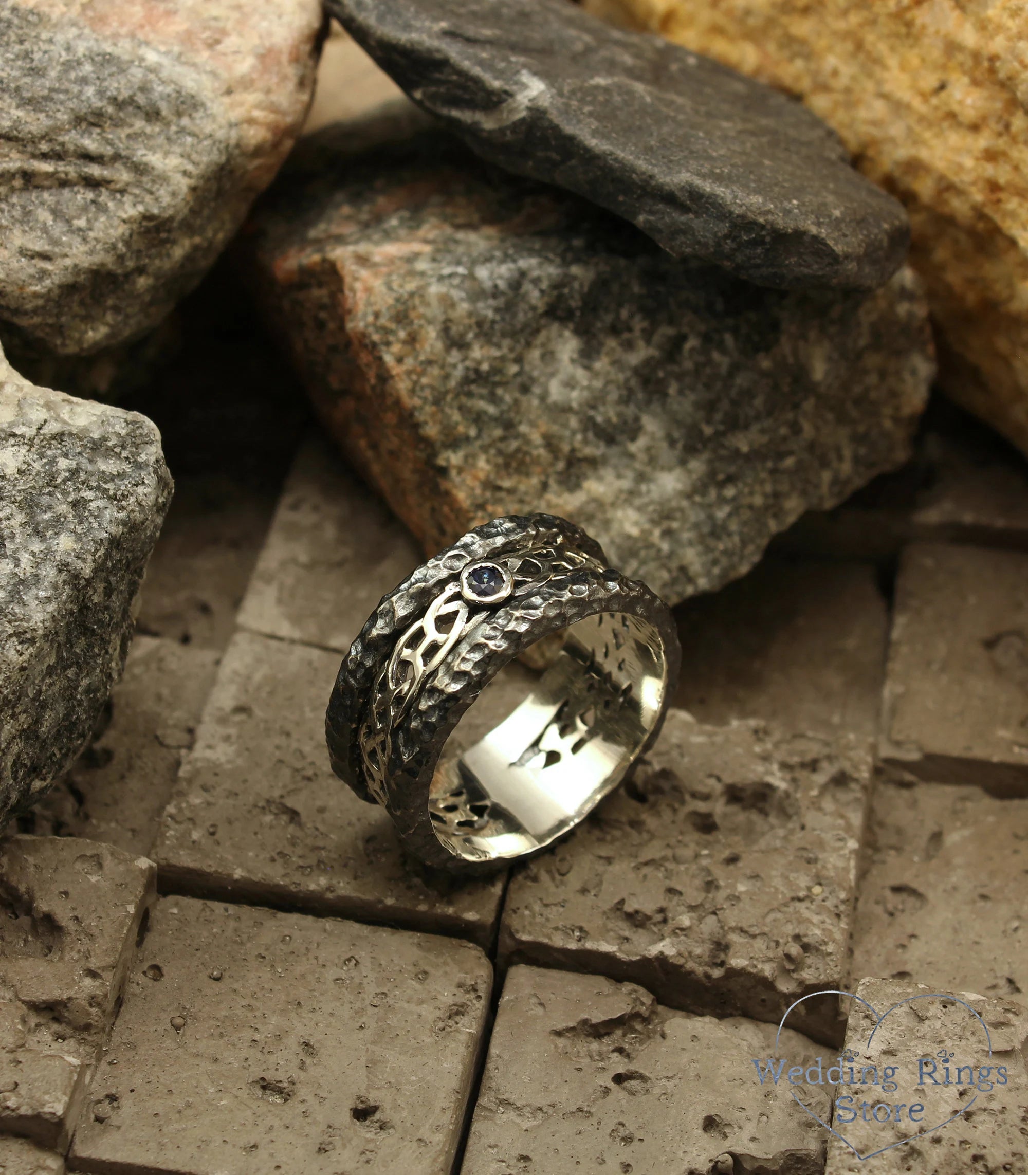 Wide Hammered Silver Celtic Wedding Band with Sapphire