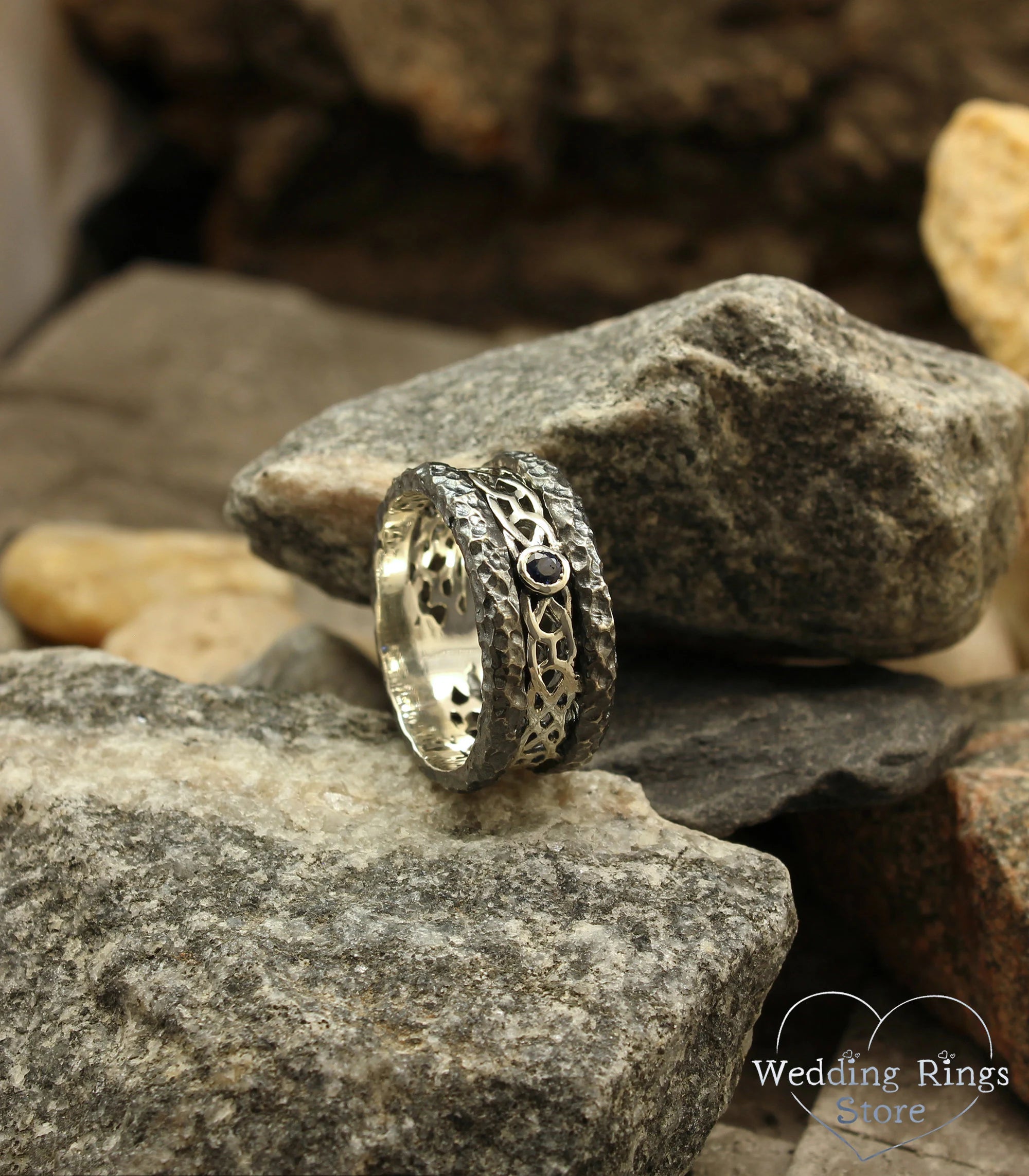 Wide Hammered Silver Celtic Wedding Band with Sapphire