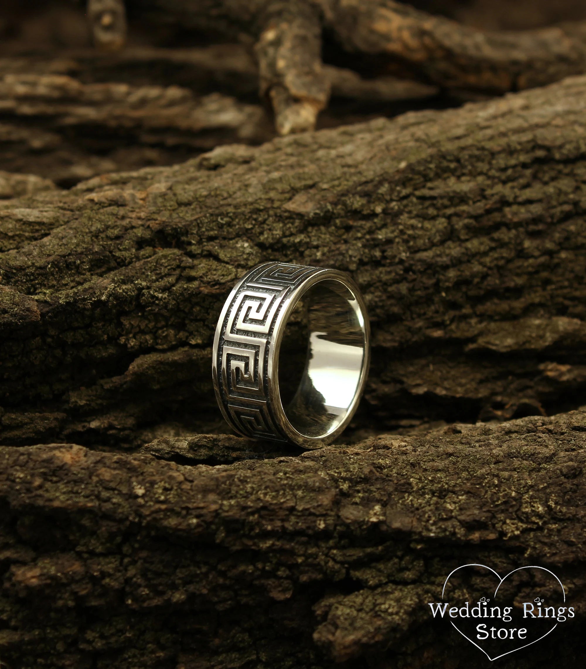 Sterling Silver Greek key Wedding Band — 10mm wide Silver Ring