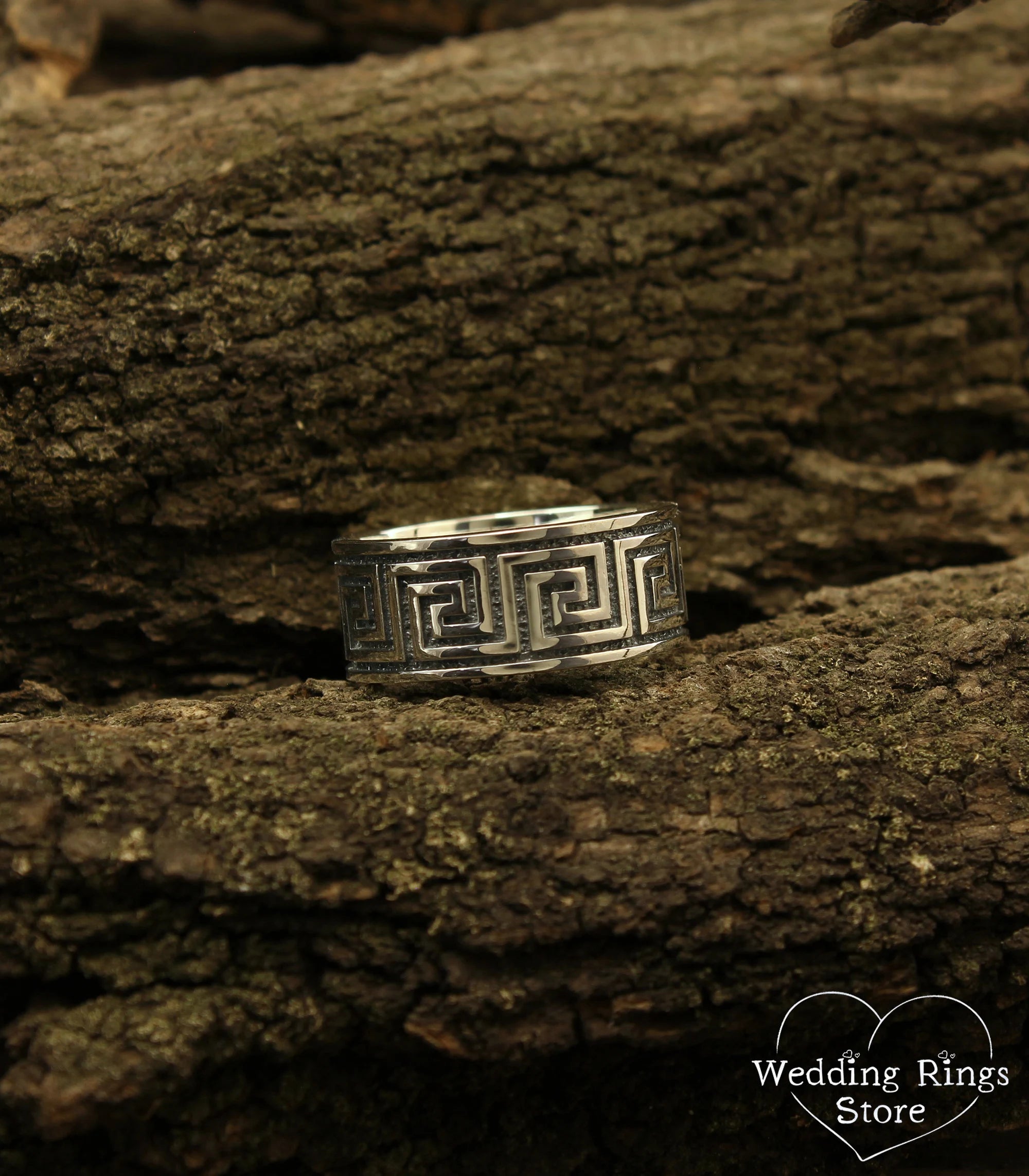 Sterling Silver Greek key Wedding Band — 10mm wide Silver Ring