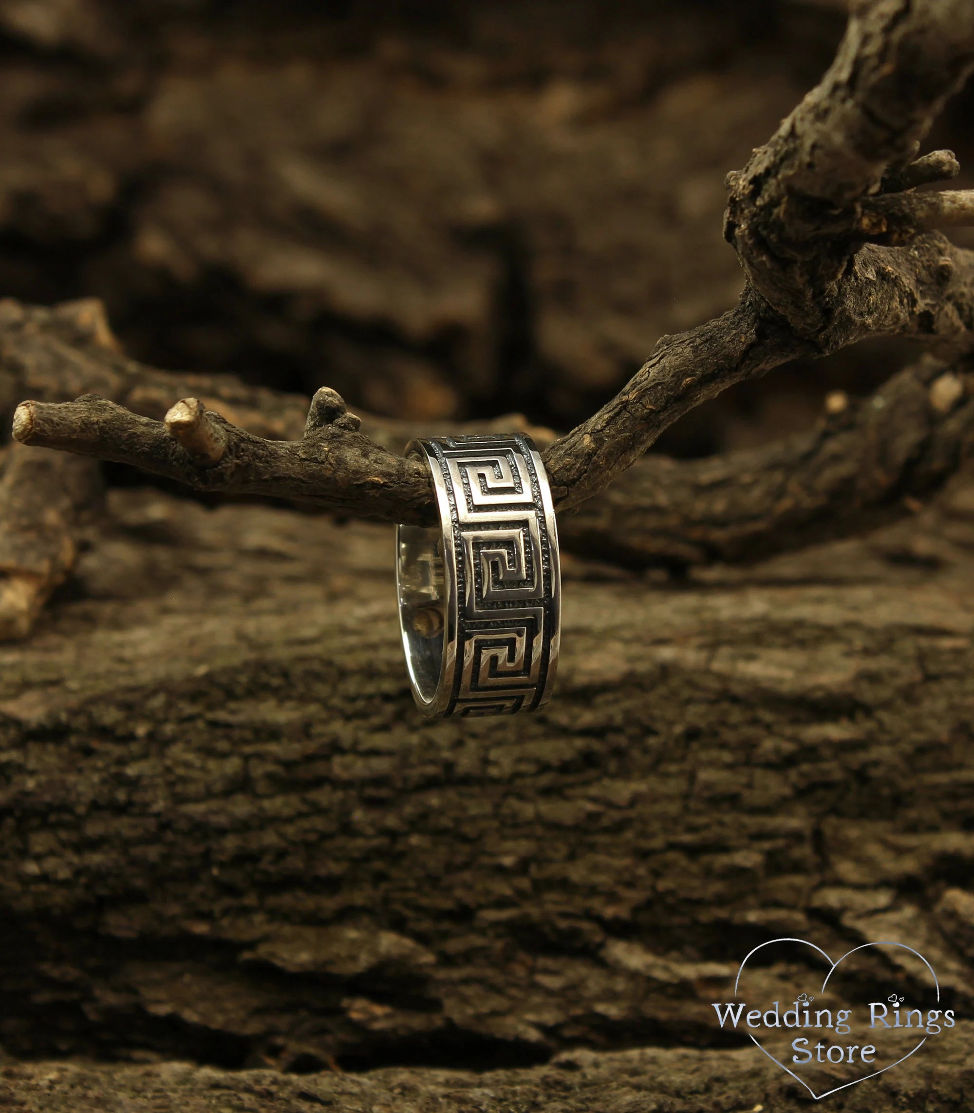 Sterling Silver Greek key Wedding Band — 10mm wide Silver Ring