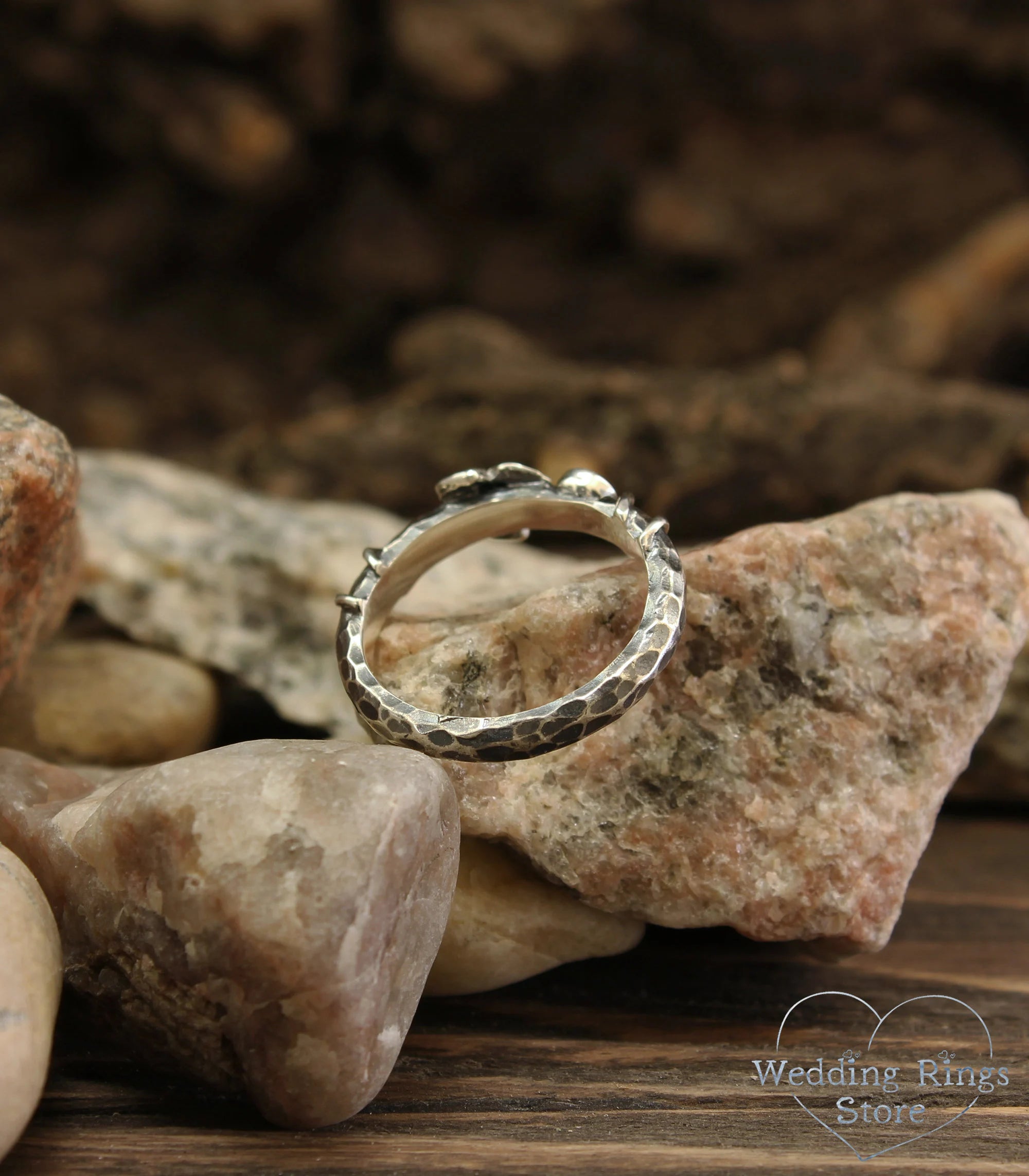 Natural Emerald with Leaf and Vine Silver Hammered Engagement Ring