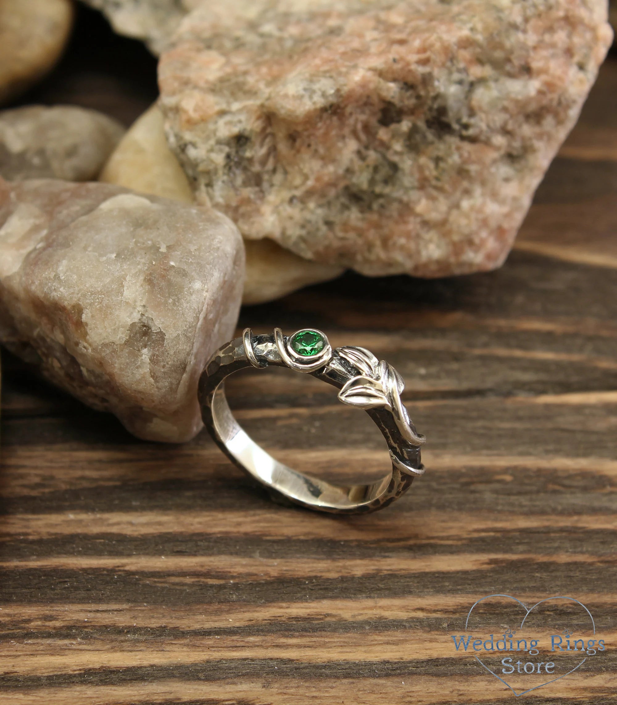 Natural Emerald with Leaf and Vine Silver Hammered Engagement Ring