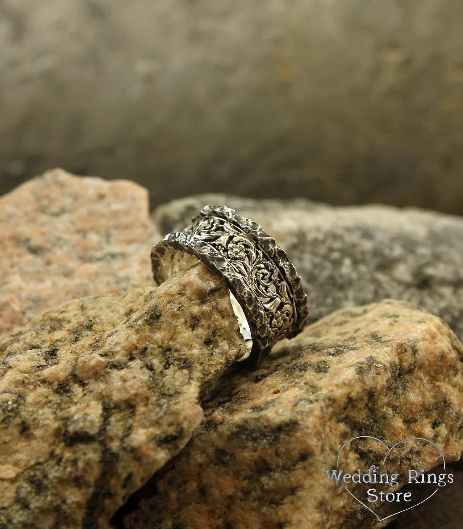 Vine & Flower Ring with Vintage Silver Hammered texture