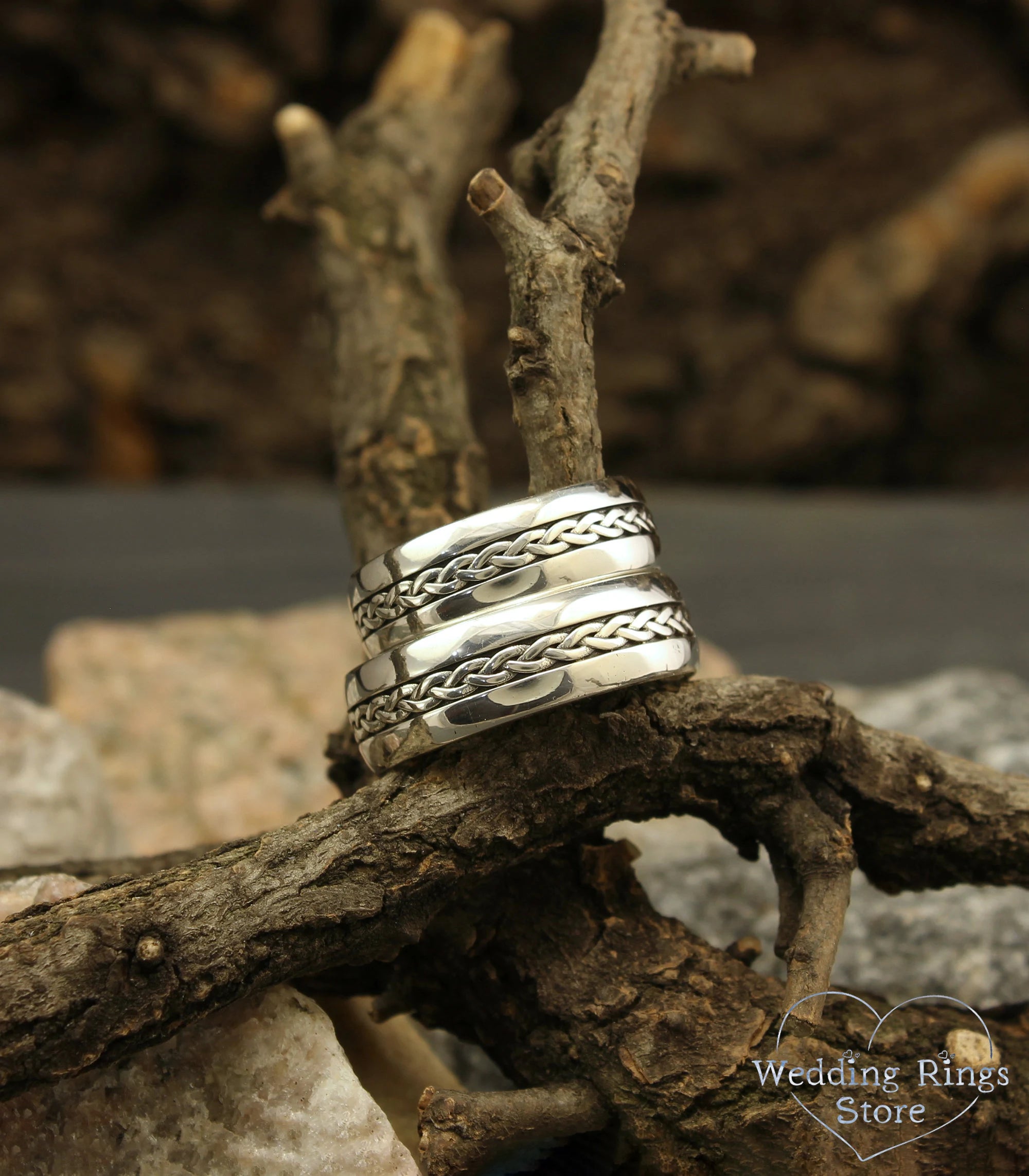 Sterling Silver Braided Wedding Rings Set His and Hers