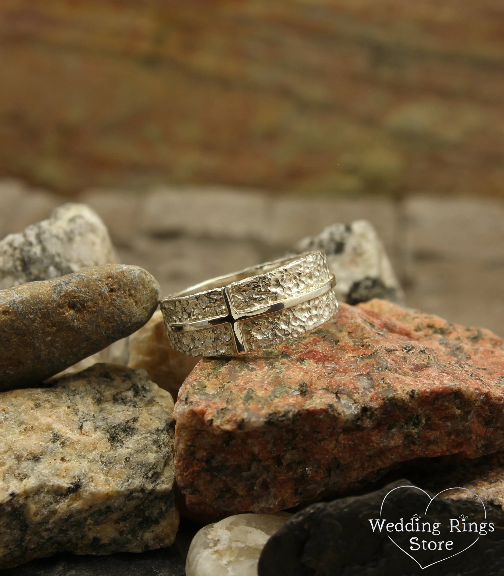 Wide Men's Cross Hammered Wedding Band in Silver