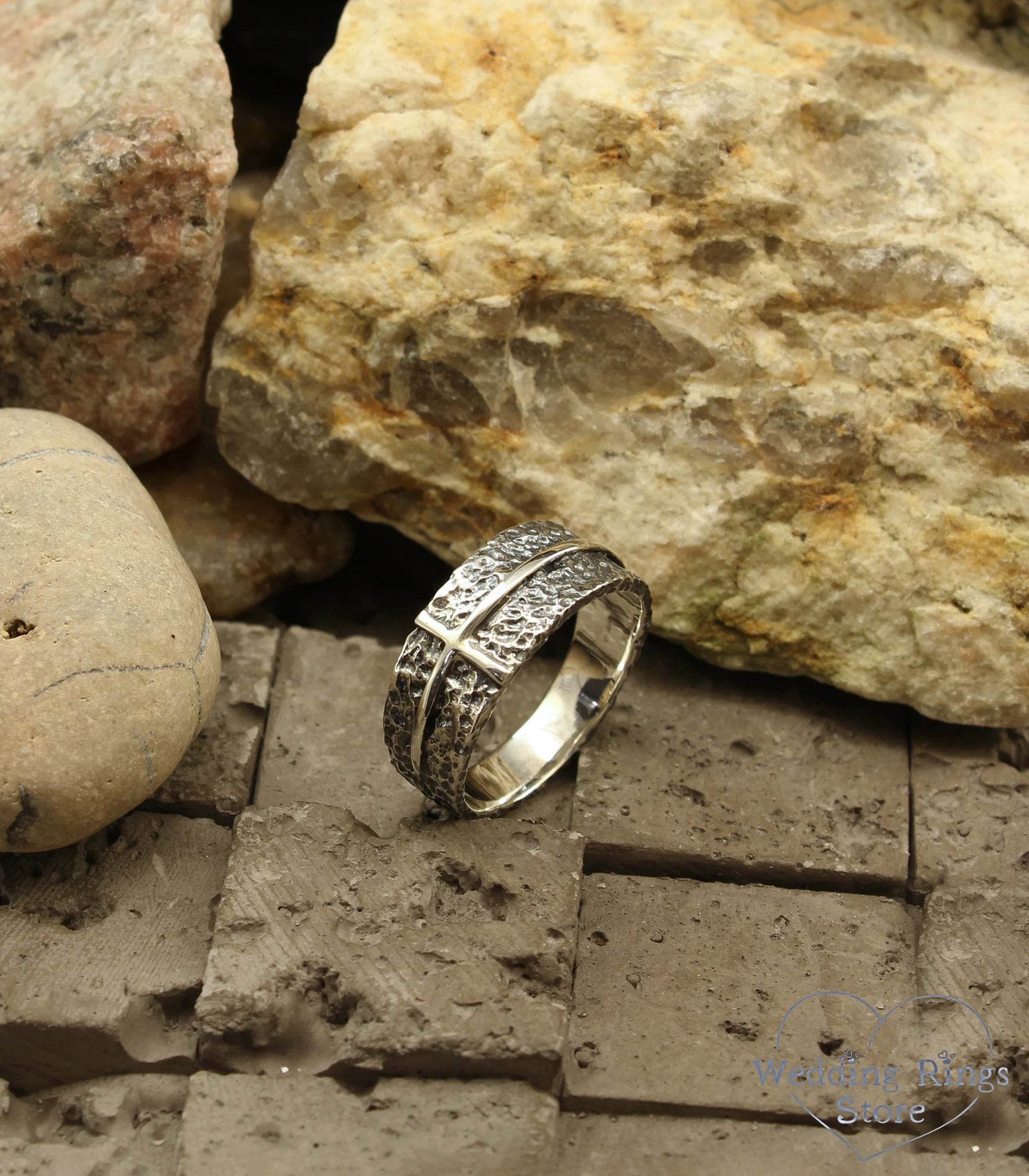 Wide Men's Cross Hammered Wedding Band in Silver