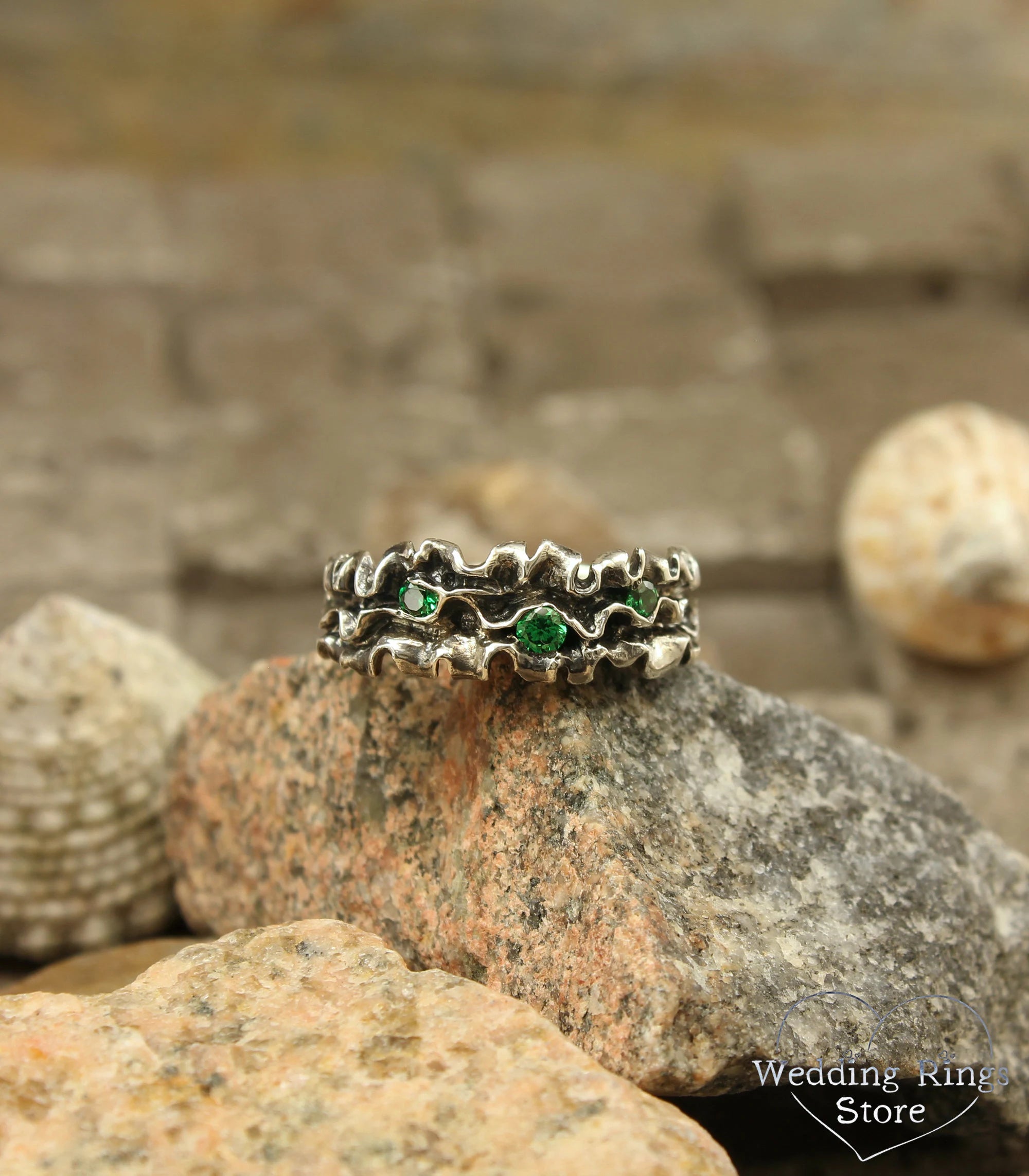 Ocean Algae Sterling Silver Ring with Emeralds