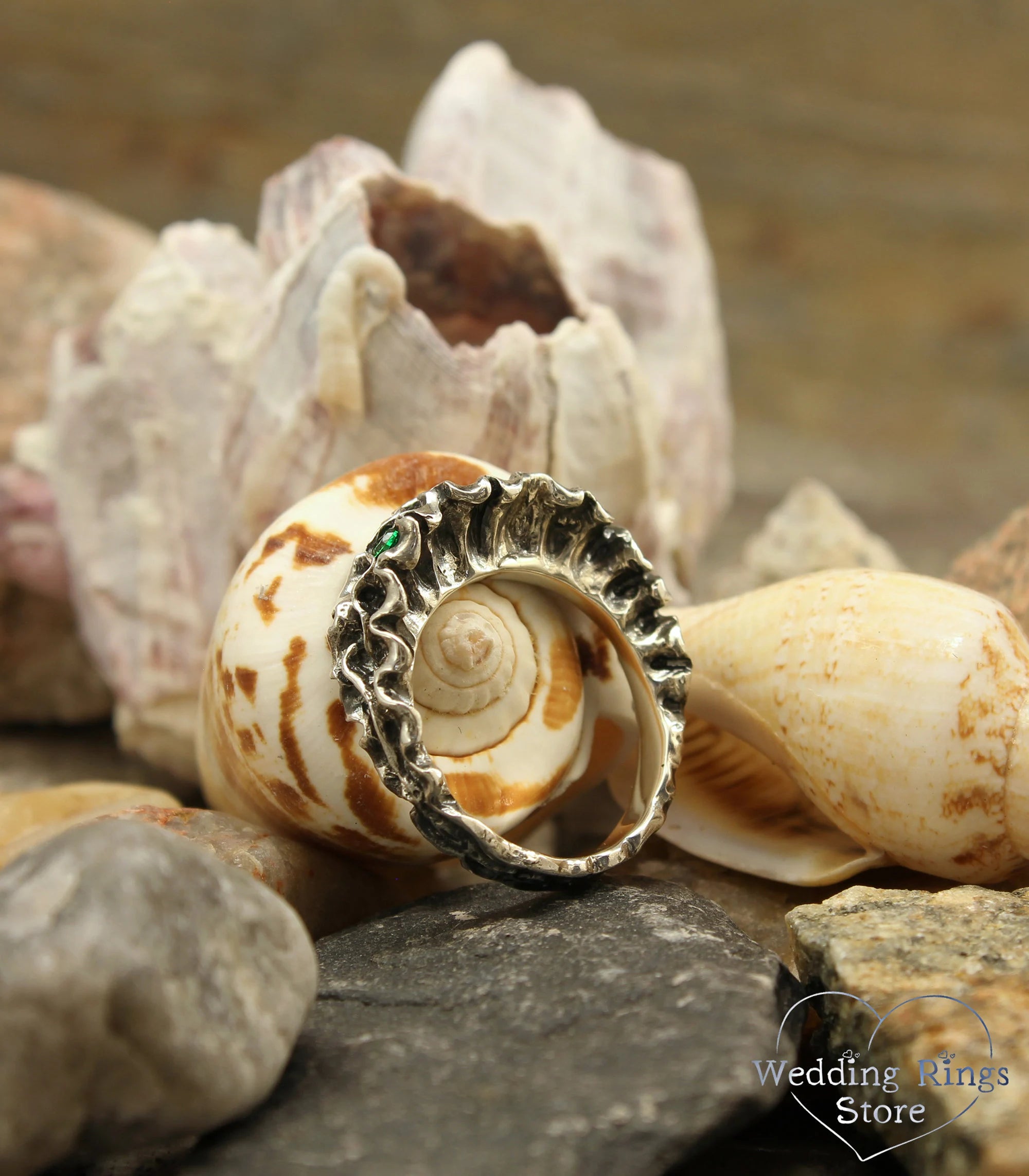 Ocean Algae Sterling Silver Ring with Emeralds