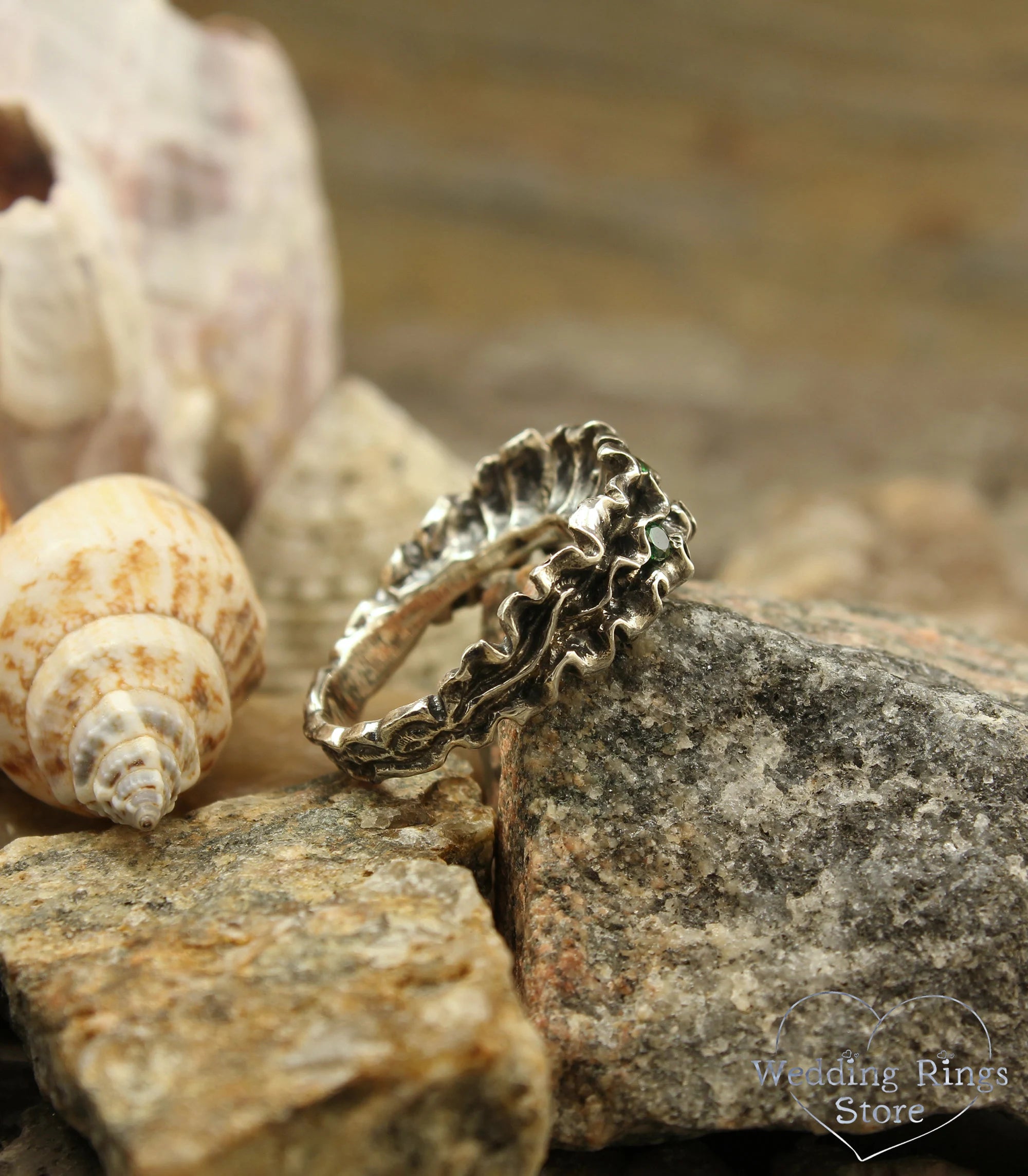 Ocean Algae Sterling Silver Ring with Emeralds