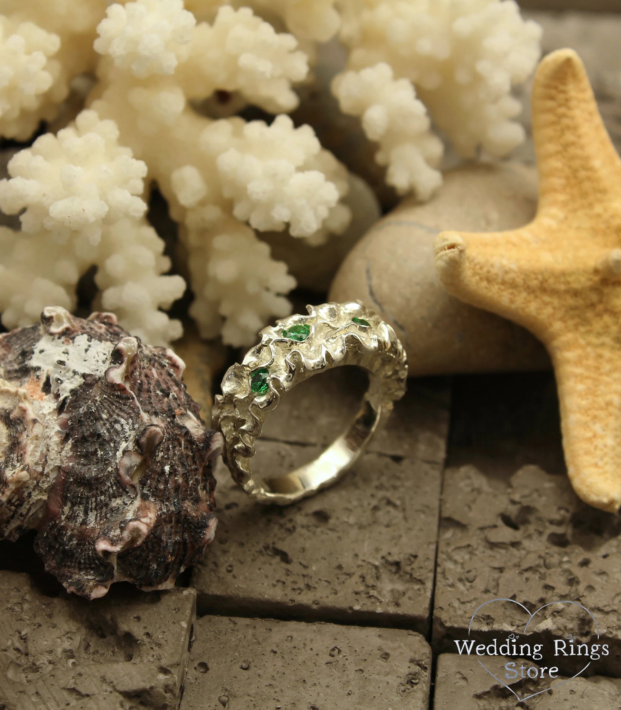 Ocean Algae Sterling Silver Ring with Emeralds