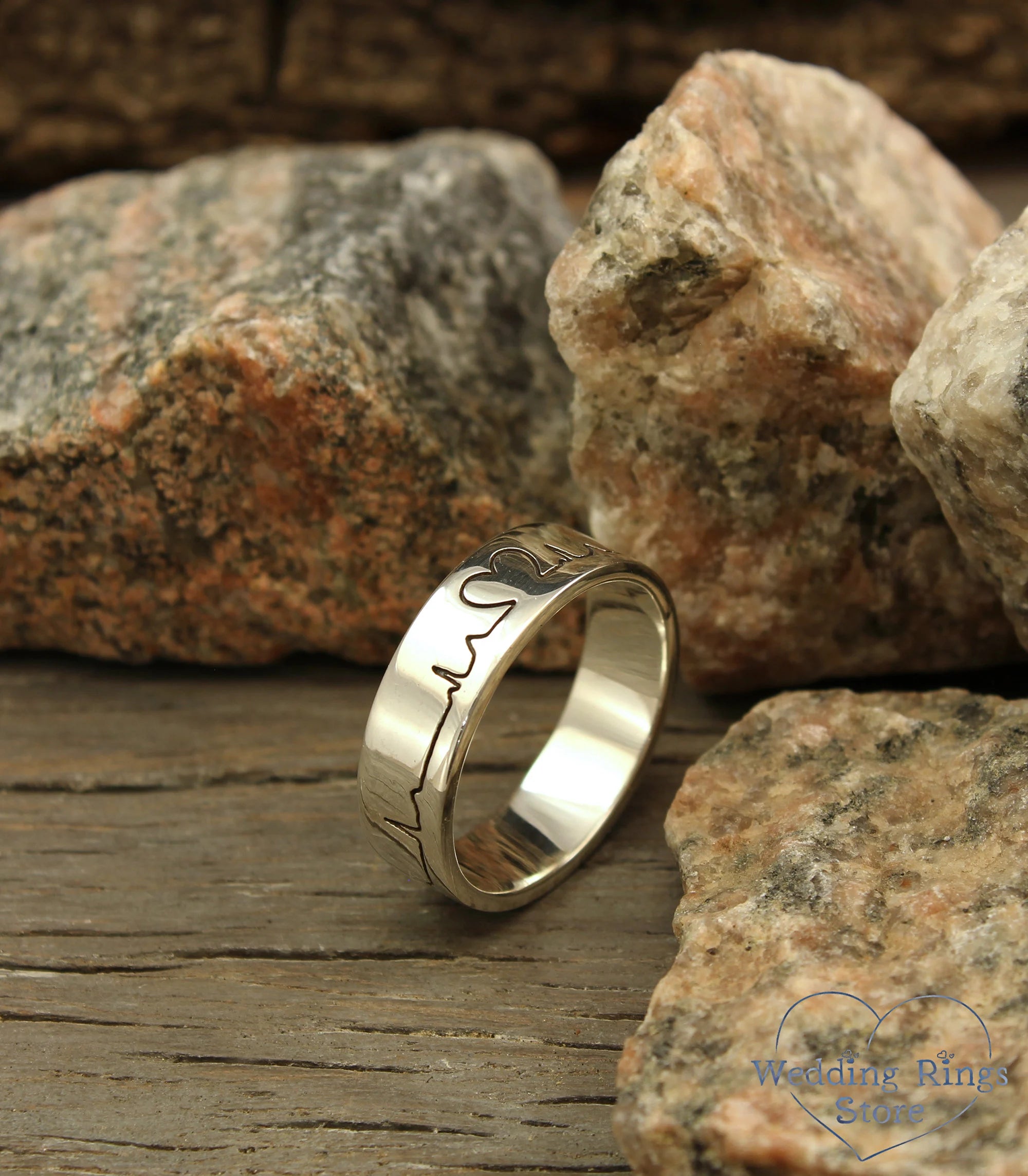 Sterling Silver Engraved Heart Ring – Heartbeat Wedding Band