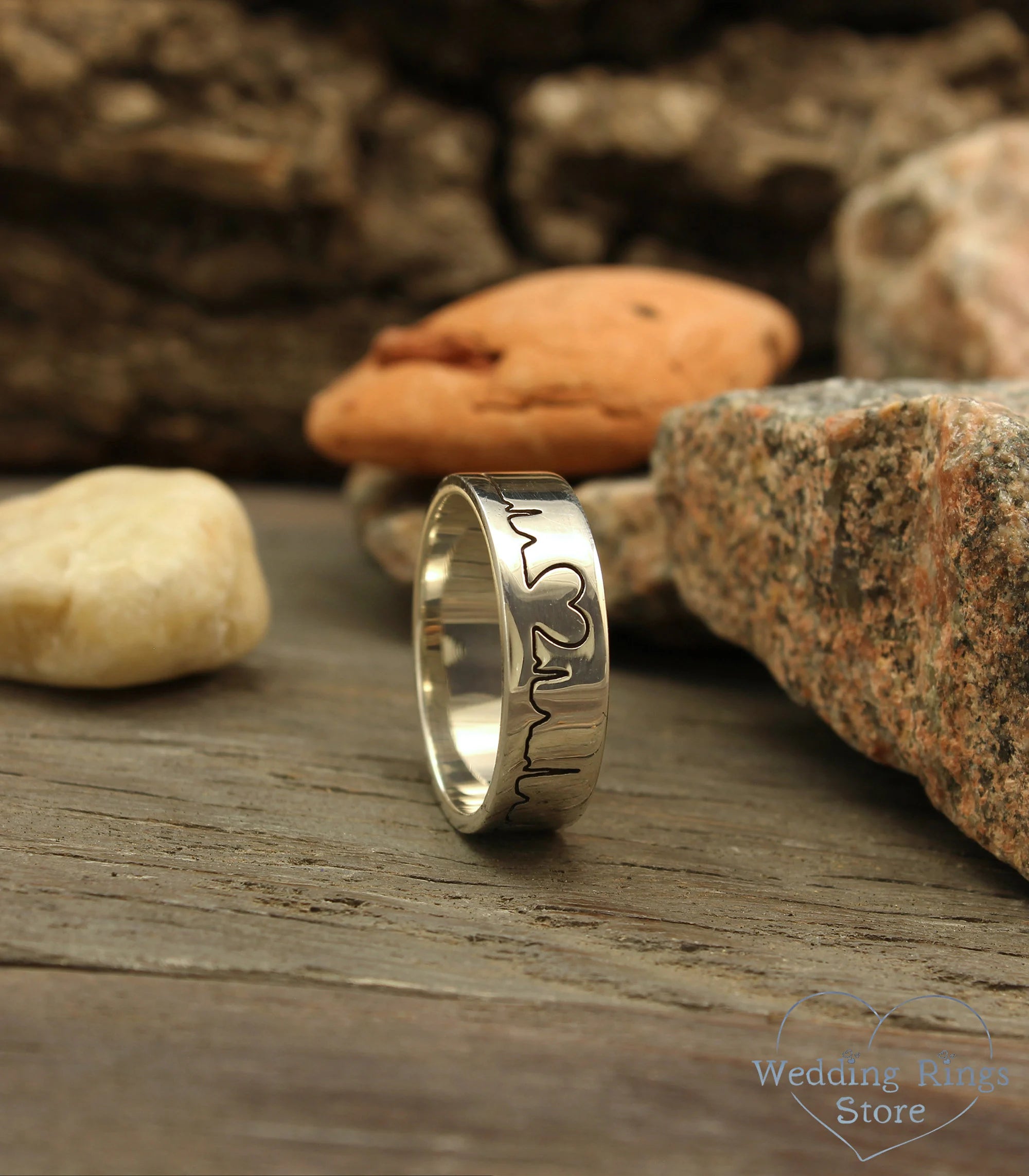 Sterling Silver Engraved Heart Ring – Heartbeat Wedding Band