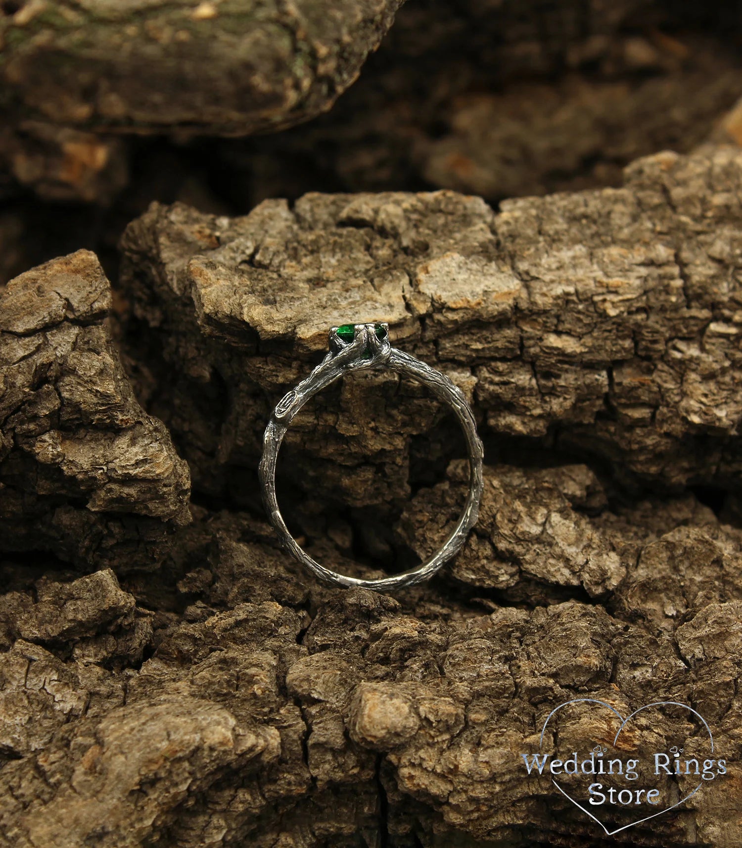 Solitaire Emerald & Silver Tiny Branch Engagement Ring