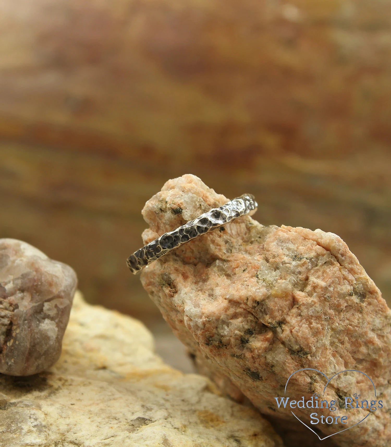 Thin Hammered Sterling Silver Wedding Band Stone Style