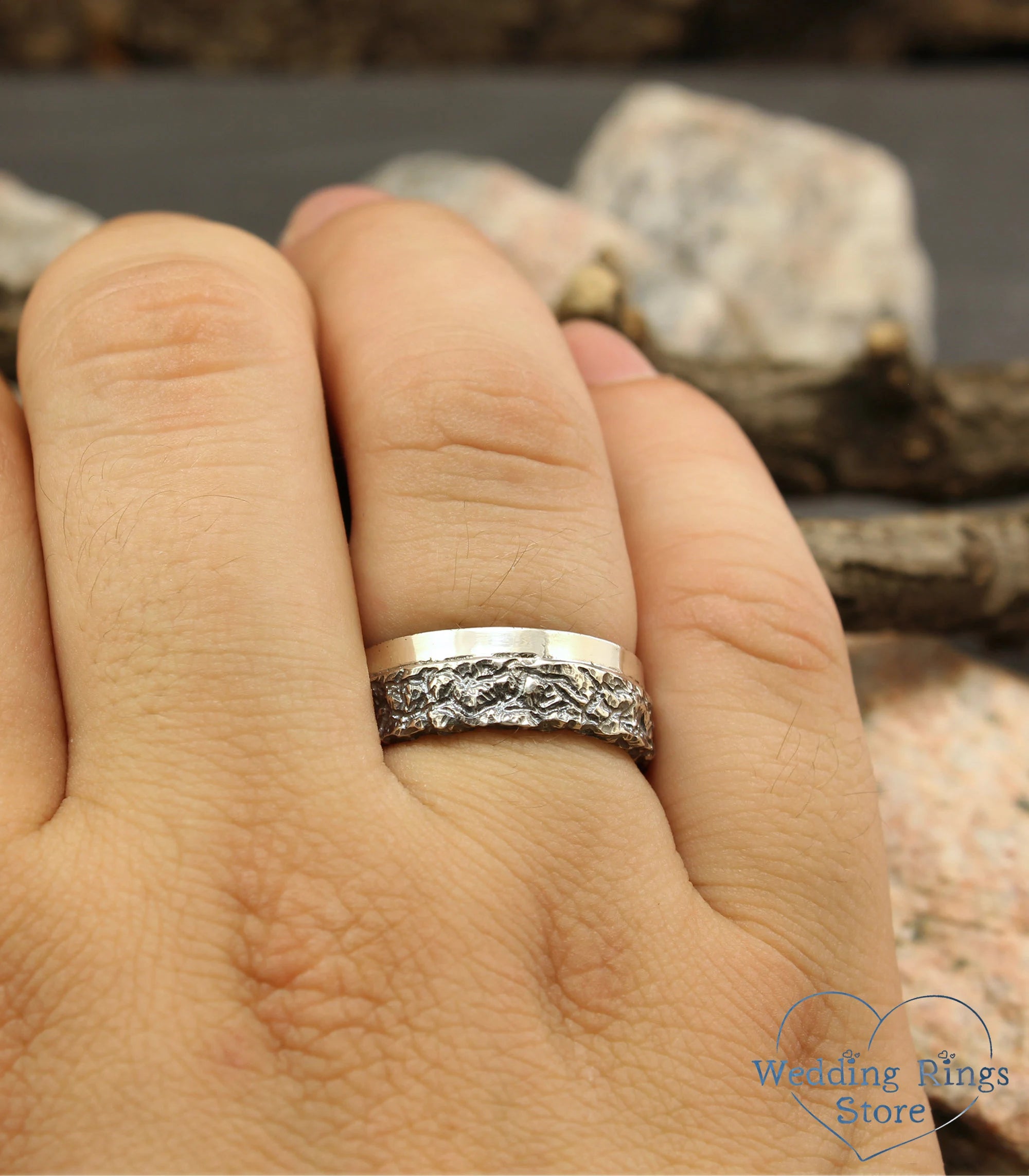 Two Textured Matching Hammered Wedding Bands with Garnet