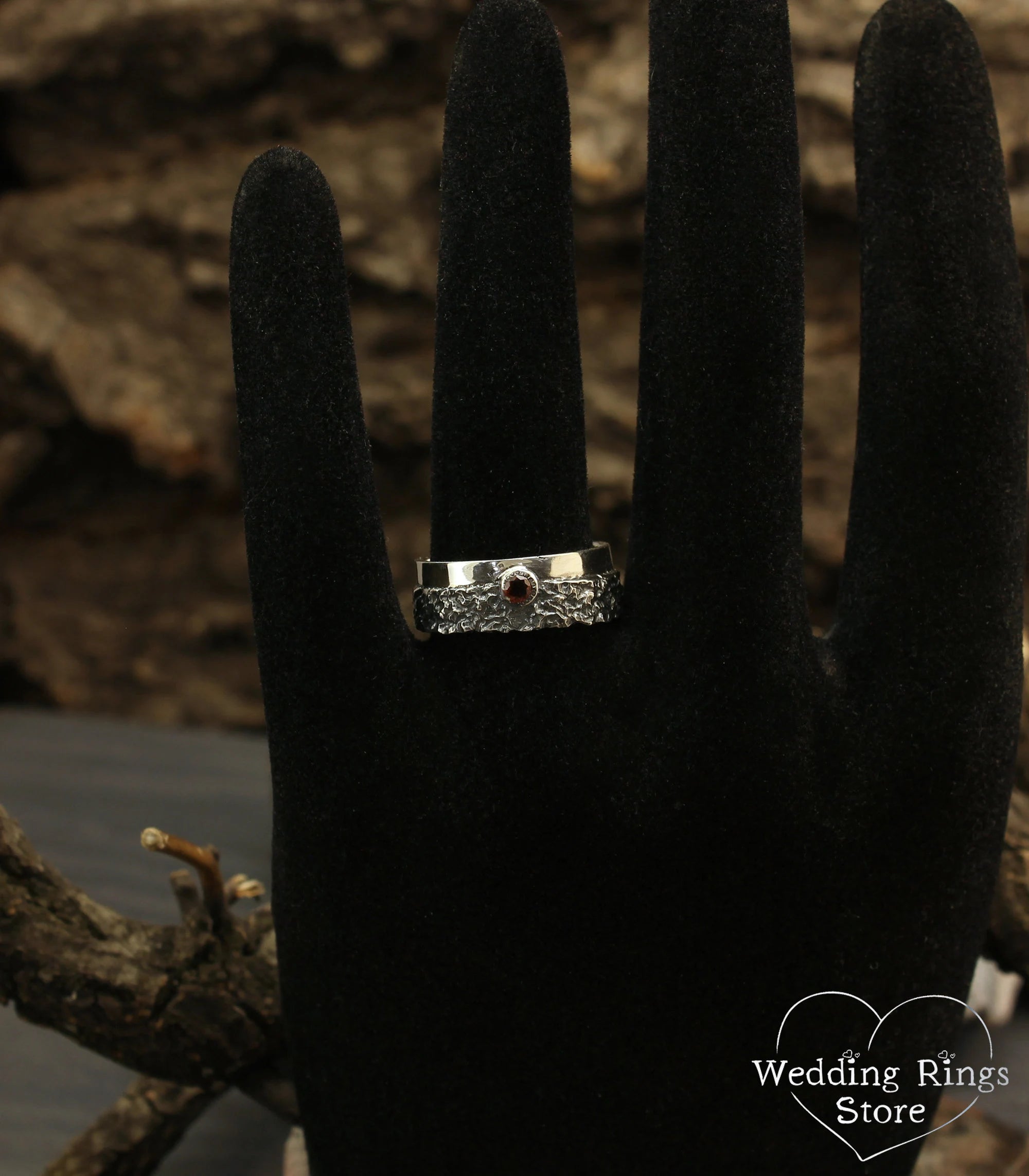 Two Textured Matching Hammered Wedding Bands with Garnet