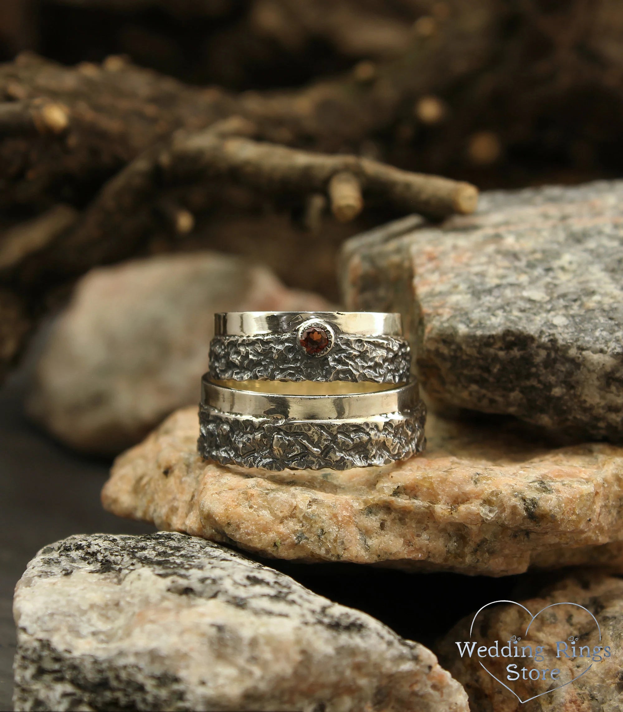 Two Textured Matching Hammered Wedding Bands with Garnet