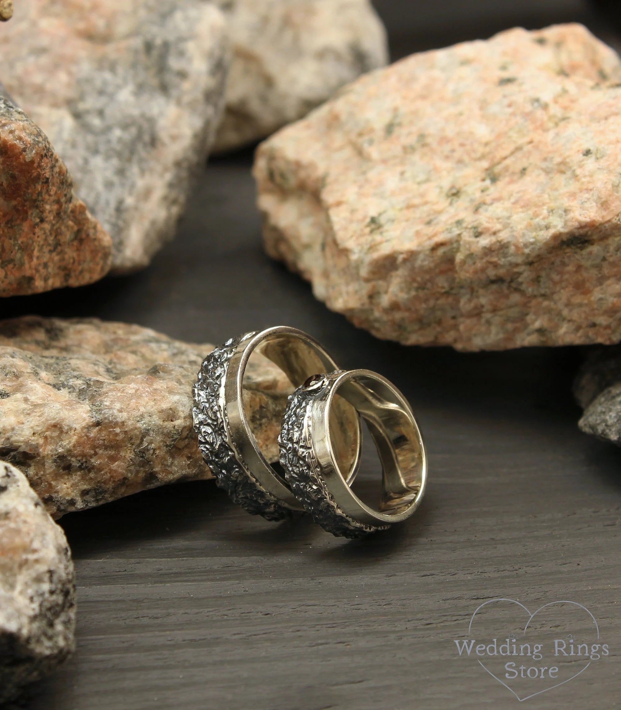 Two Textured Matching Hammered Wedding Bands with Garnet