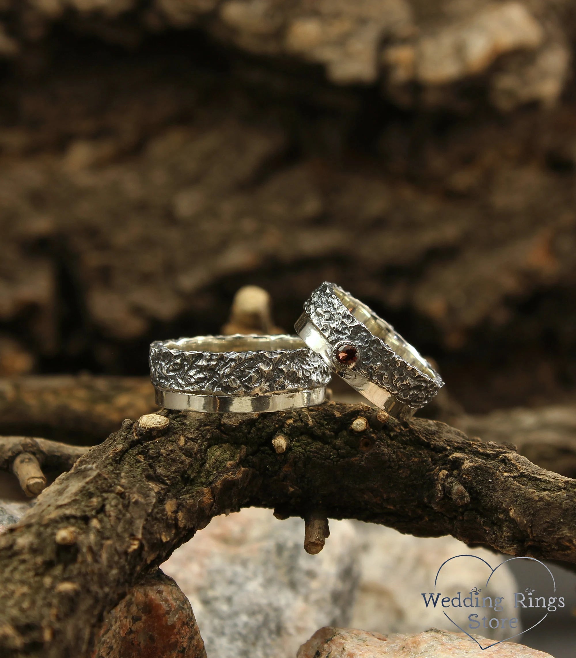 Two Textured Matching Hammered Wedding Bands with Garnet