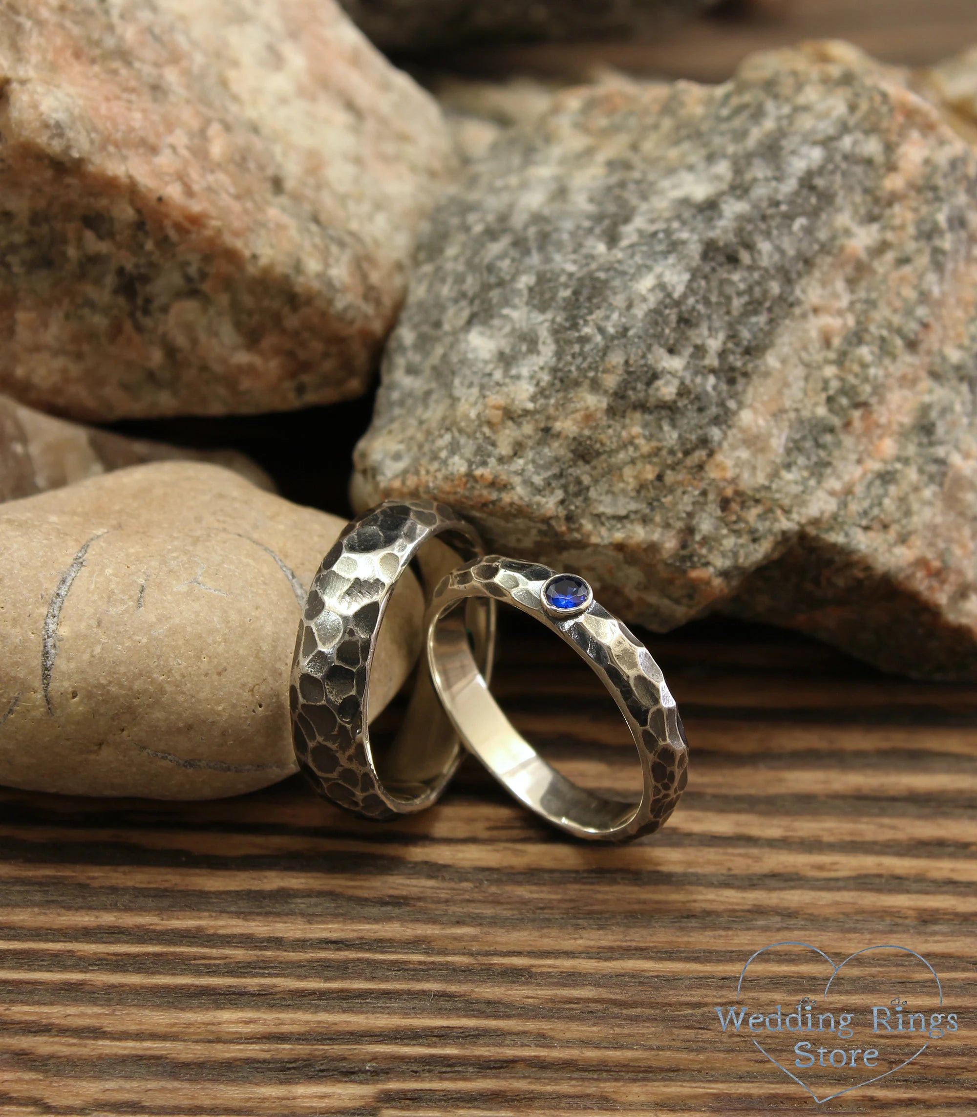 Hammered Sterling Silver Wedding Bands Set with Sapphire