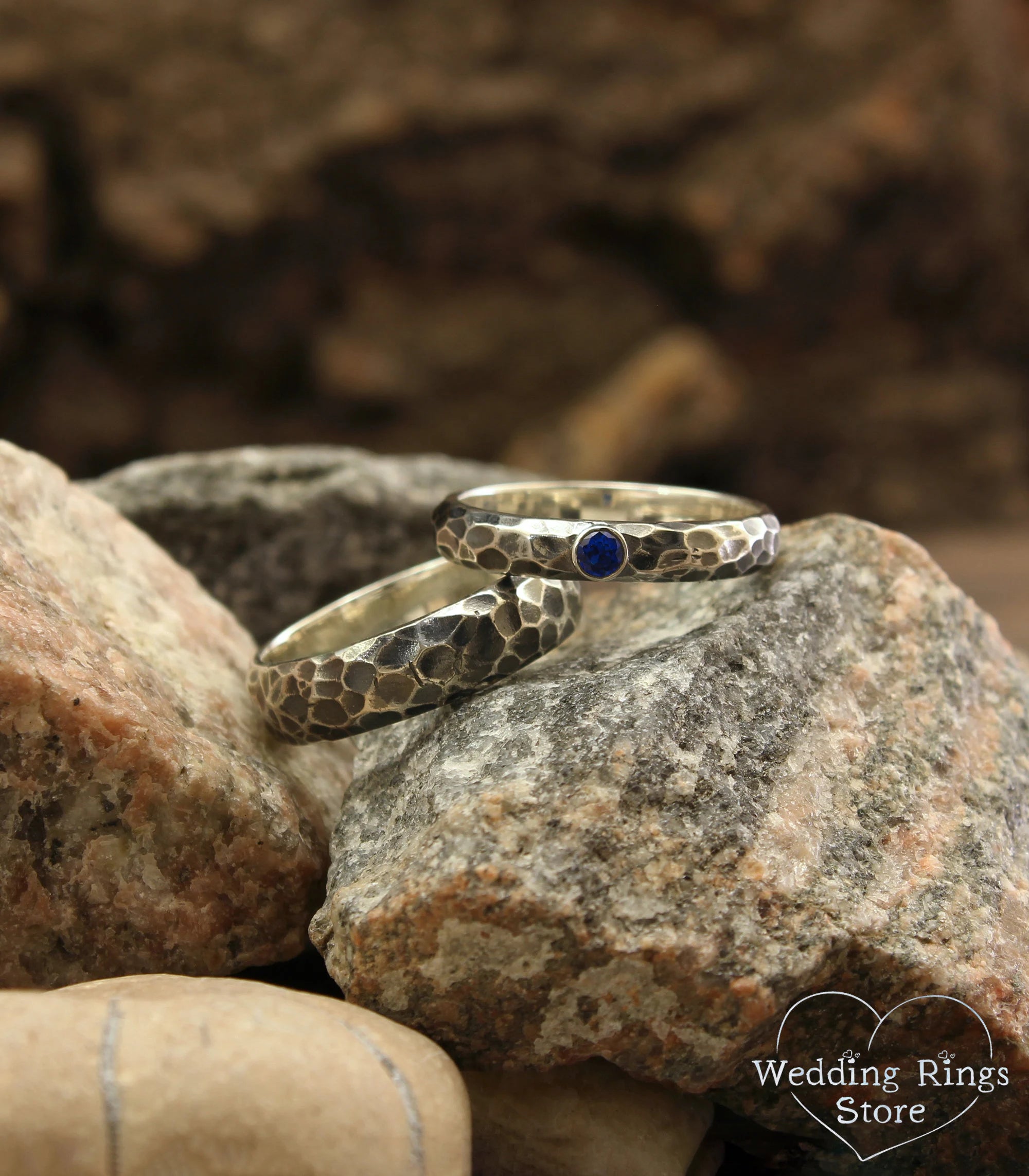 Hammered Sterling Silver Wedding Bands Set with Sapphire