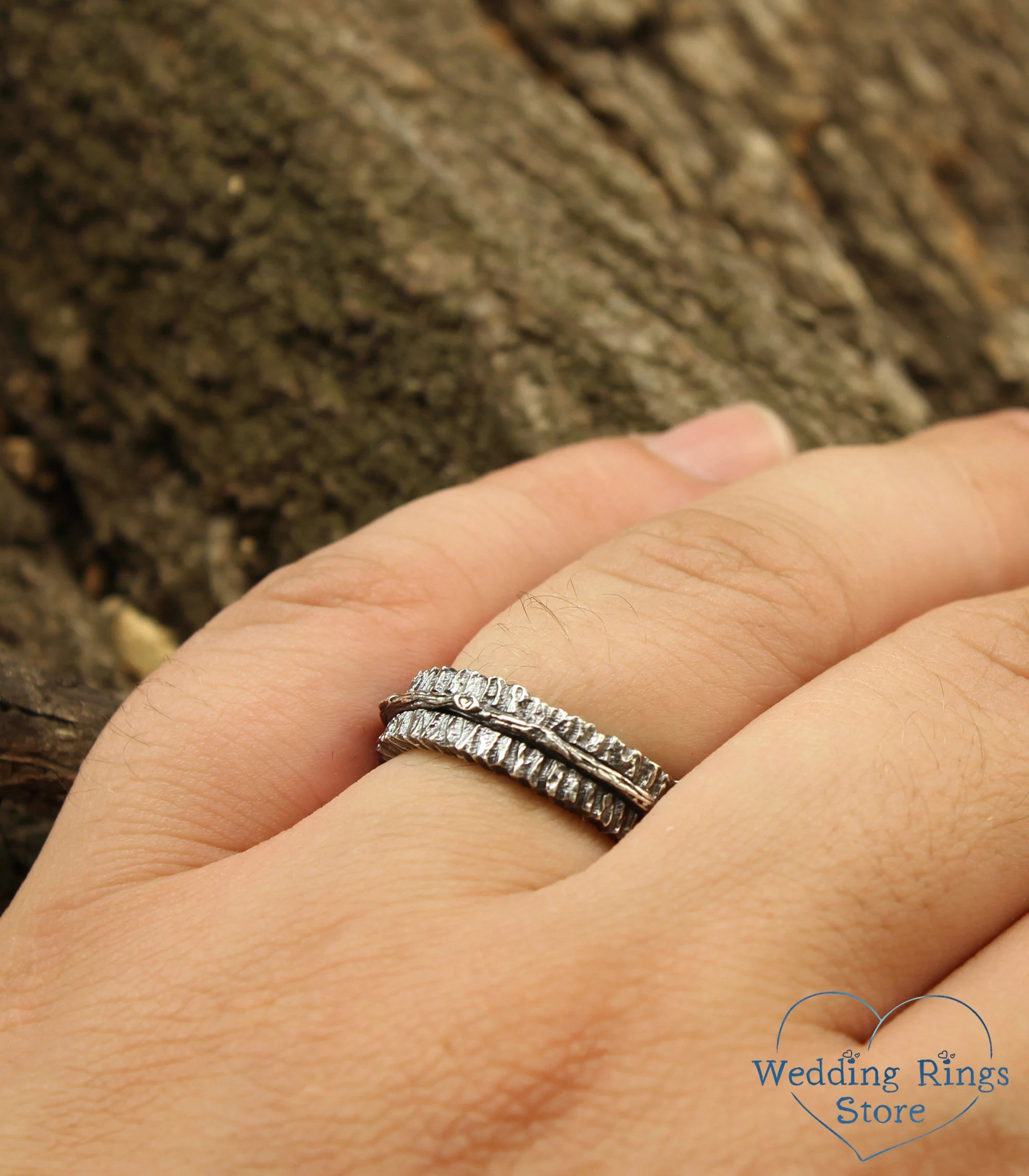 Unique Rustic Tree bark Wedding Rings Set