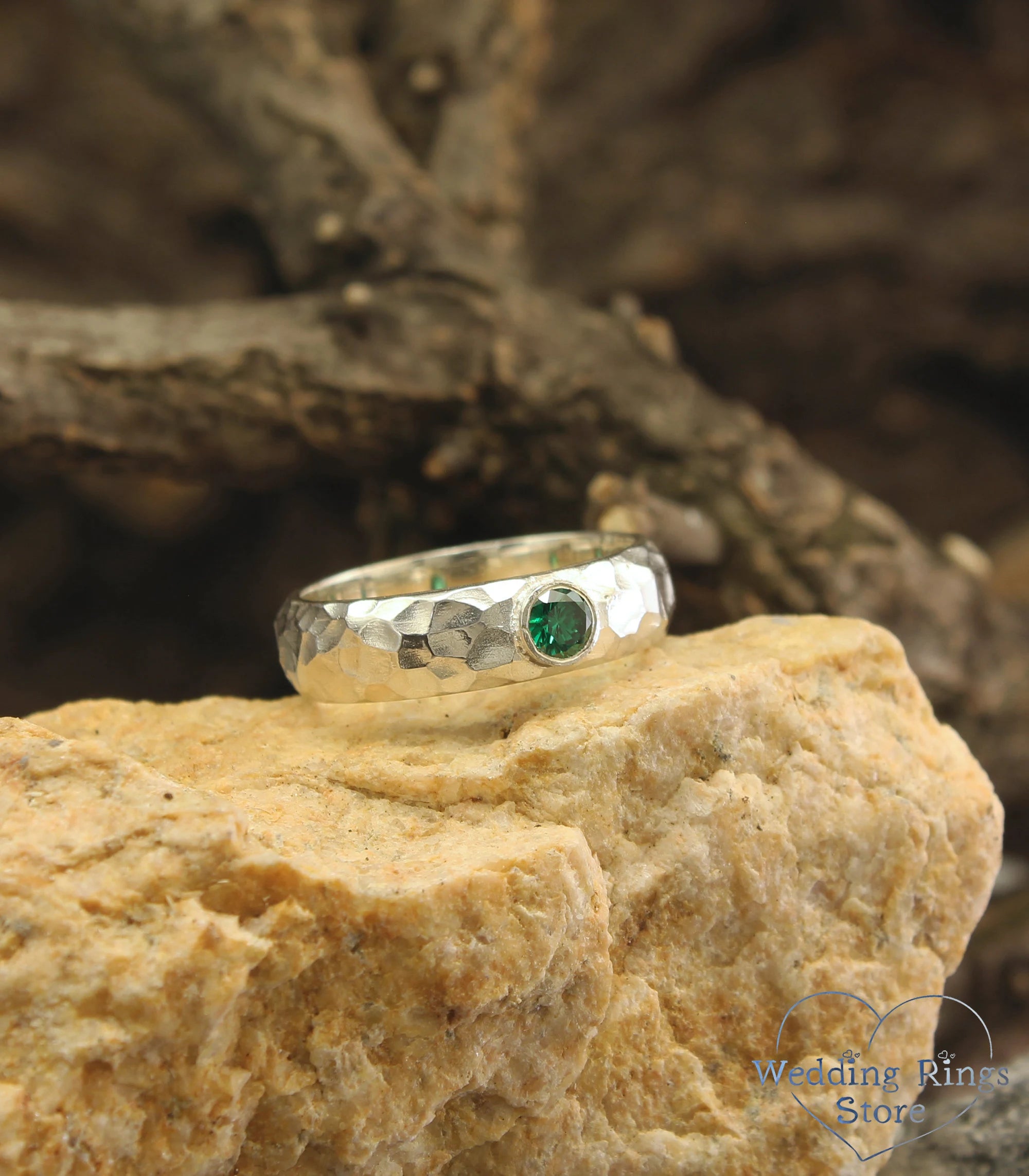 Brutalist Men's Hammered Engagement Ring with Emerald