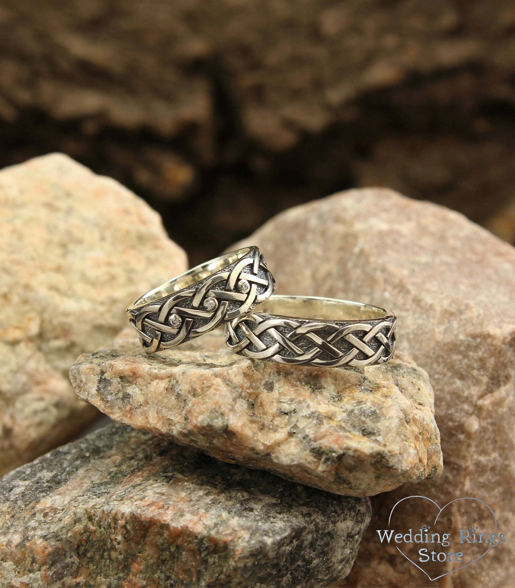 Celtic Knot Wedding Bands Set His & Hers with Diamonds