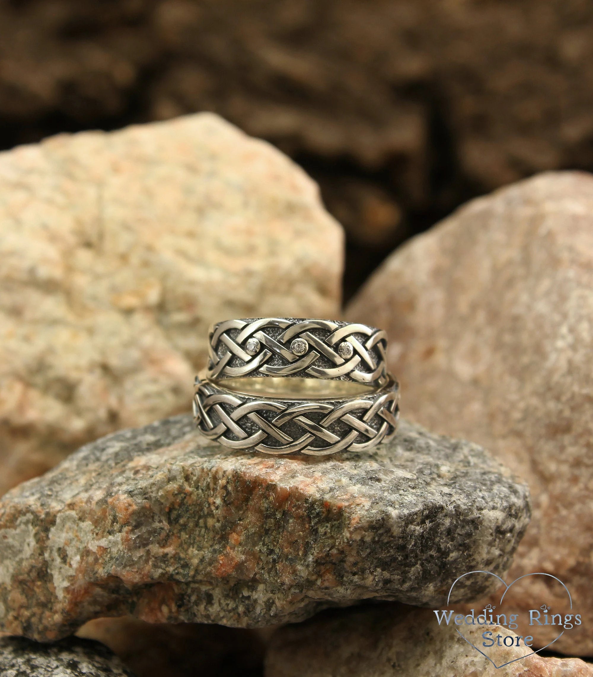 Celtic Knot Wedding Bands Set His & Hers with Diamonds