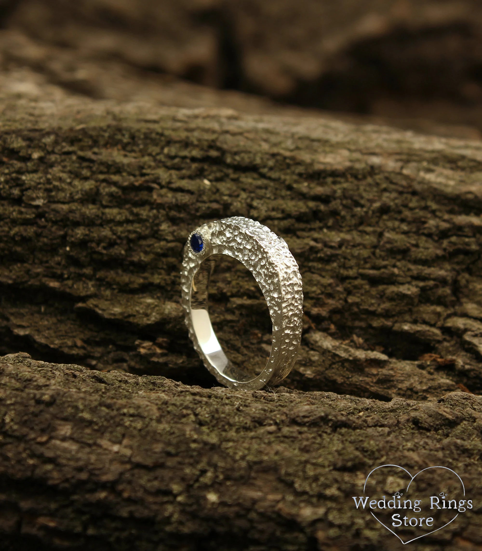 Unique Silver Rocky Hammered Lava Ring with Sapphire