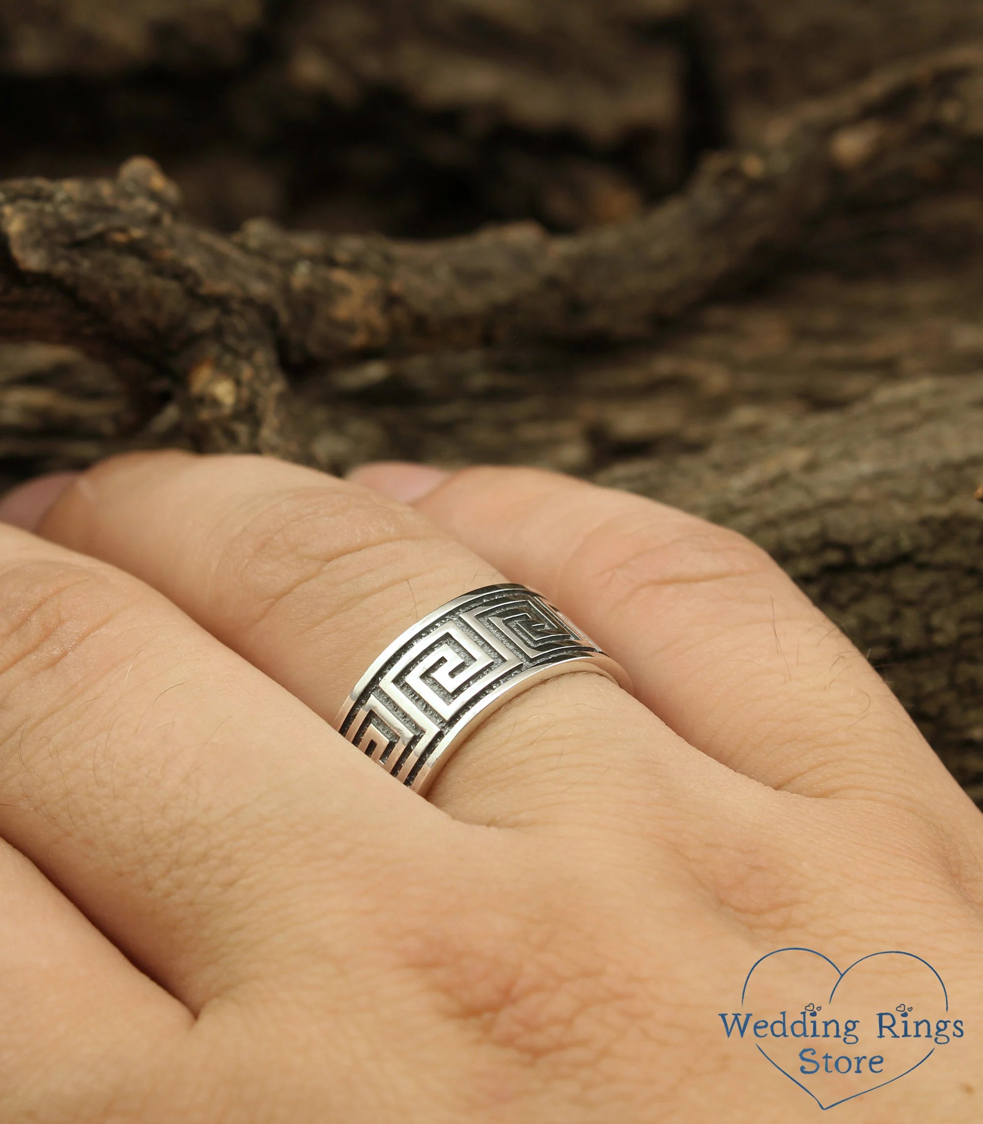 Sterling Silver Greek key Wedding Band — 10mm wide Silver Ring