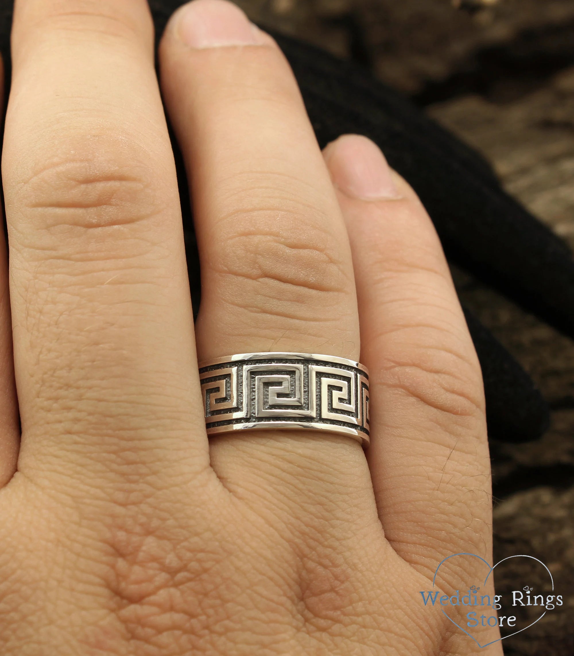 Sterling Silver Greek key Wedding Band — 10mm wide Silver Ring