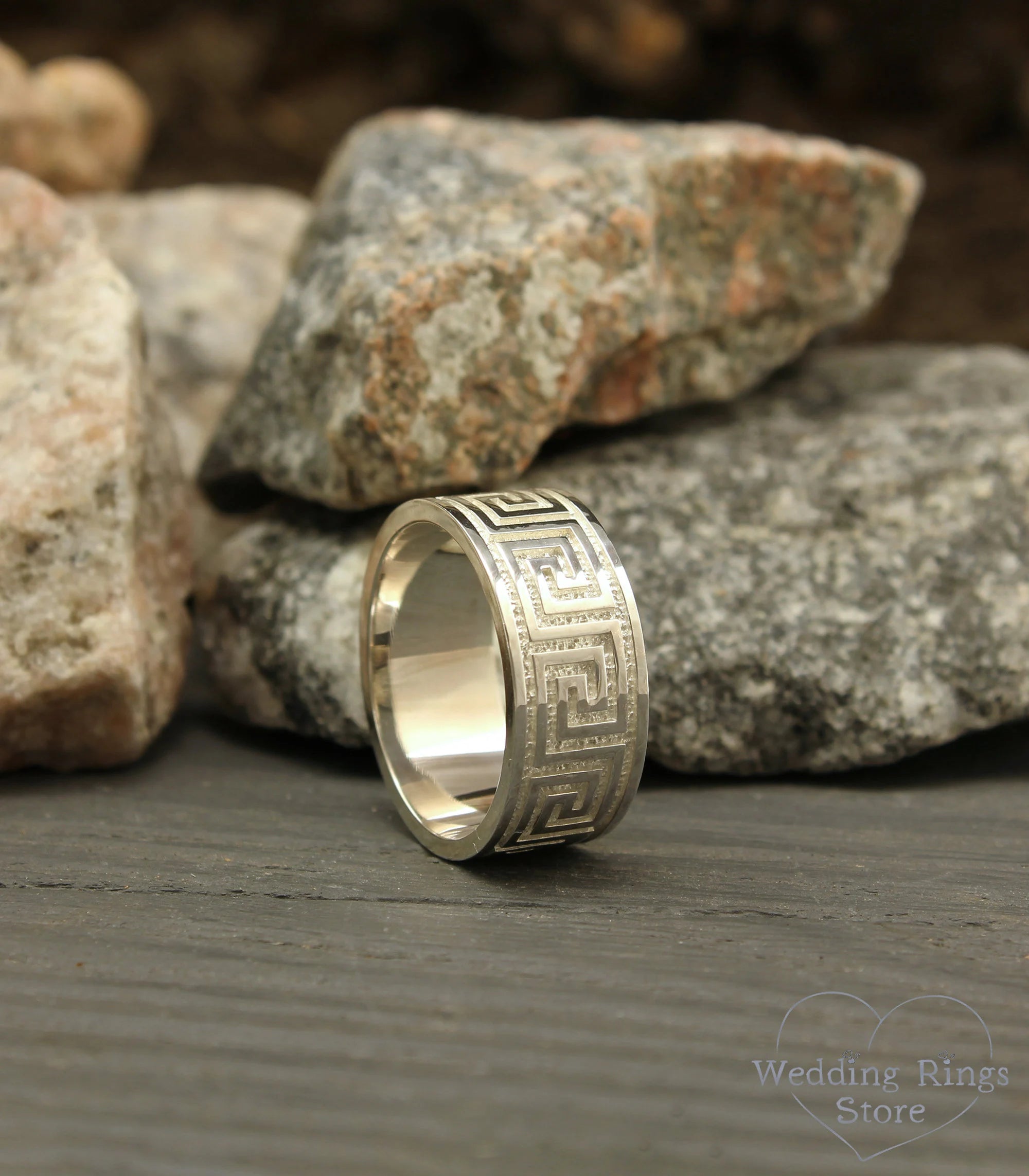 Sterling Silver Greek key Wedding Band — 10mm wide Silver Ring